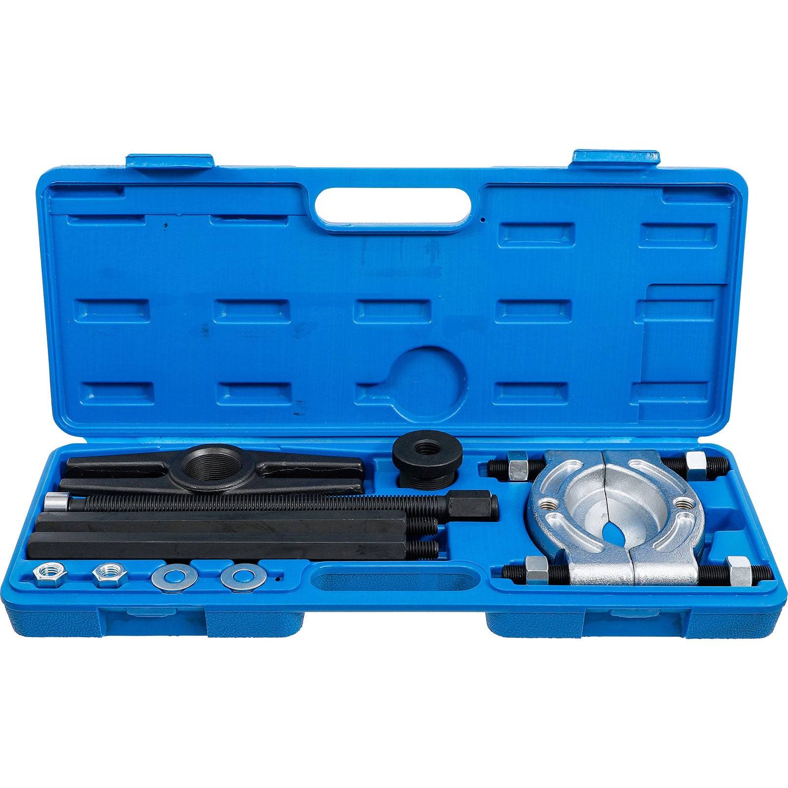 Eine blaue Kunststoffbox, die einen Satz von Automotive-Abzieher-Werkzeugen enthält, einschließlich Schrauben, einem Lagerabzieher und einem Abzieher mit Gewaltspannbacken.