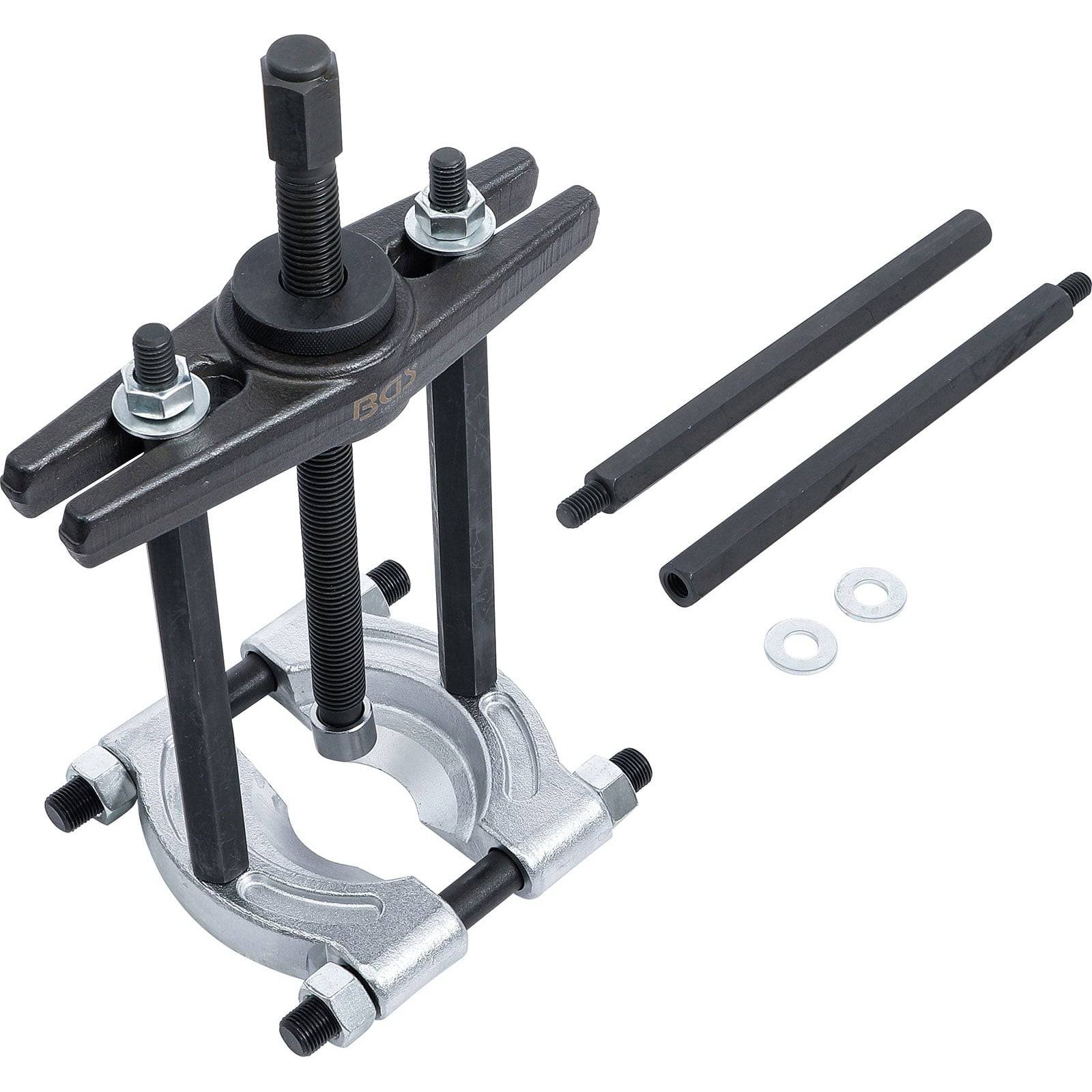 Ein Zahnradabzieher-Set mit einer zentralen Schraube, zwei Metallarmen und zugehörigen Komponenten, die zum Abnehmen von Zahnrädern oder Lagern entwickelt wurden.