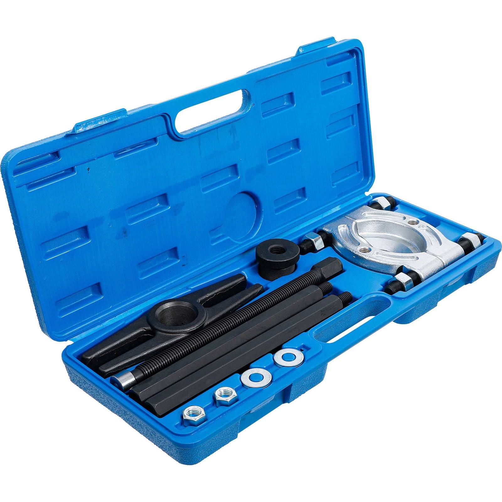 Eine blaue Plastikbox, die einen Abzieher-Satz mit mehreren Metallkomponenten enthält, darunter Stangen, Klammern und Unterlegscheiben, die ordentlich und übersichtlich angeordnet sind.