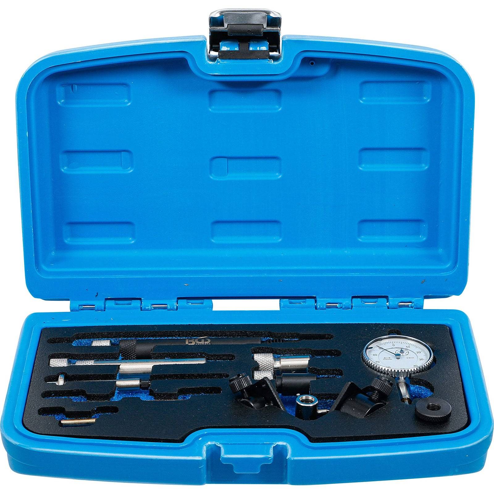 Eine blaue Plastikbox, die verschiedene Präzisionswerkzeuge enthält, darunter ein Messtaster, Verbinder und kleine Komponenten, die in Schaumstoffausschnitten organisiert sind.