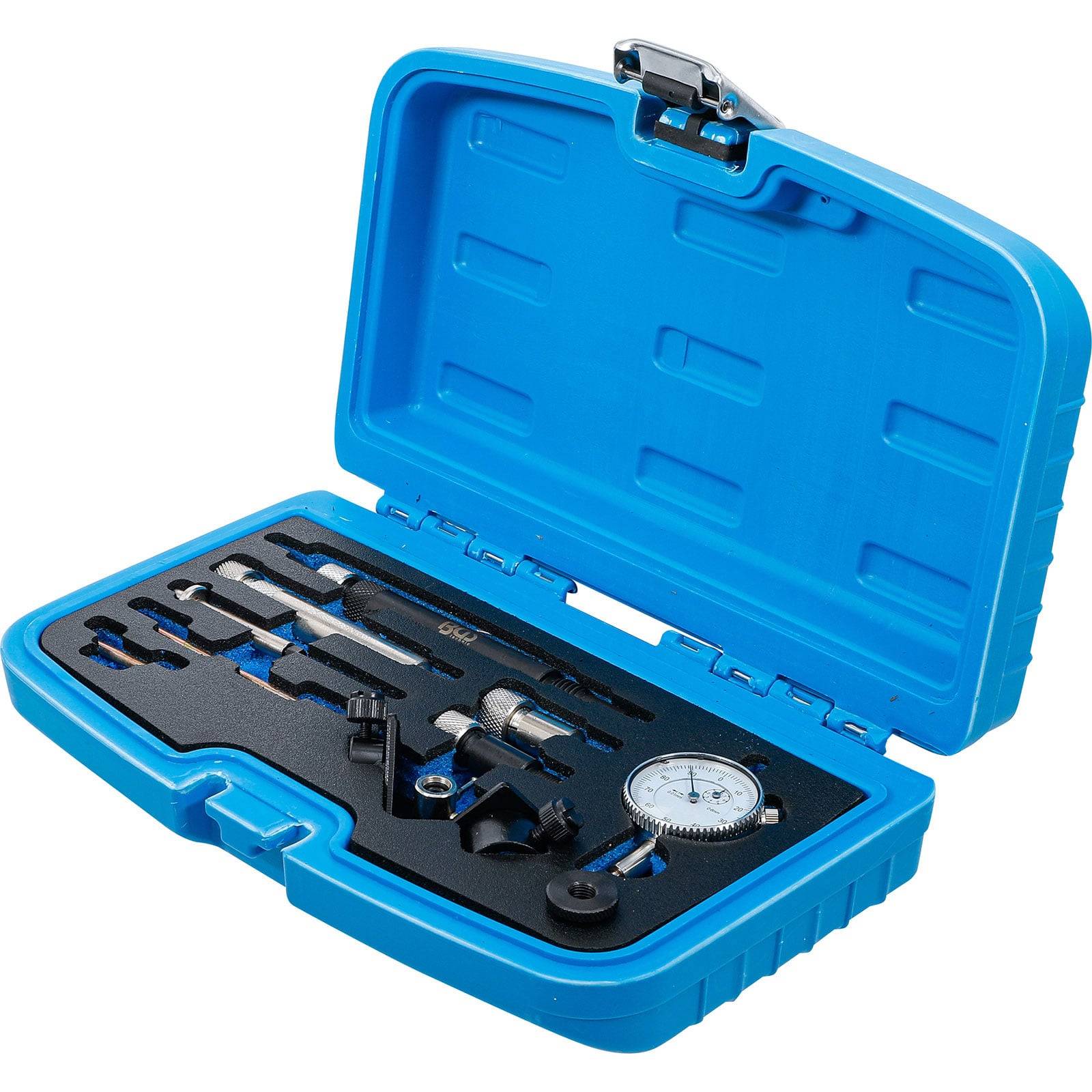 Eine blaue Kunststoffbox enthält Präzisionsmessgeräte, darunter einen Messuhrensatz, in einer Schaumstoffeinlage, verwendet für mechanische Kalibrierung.