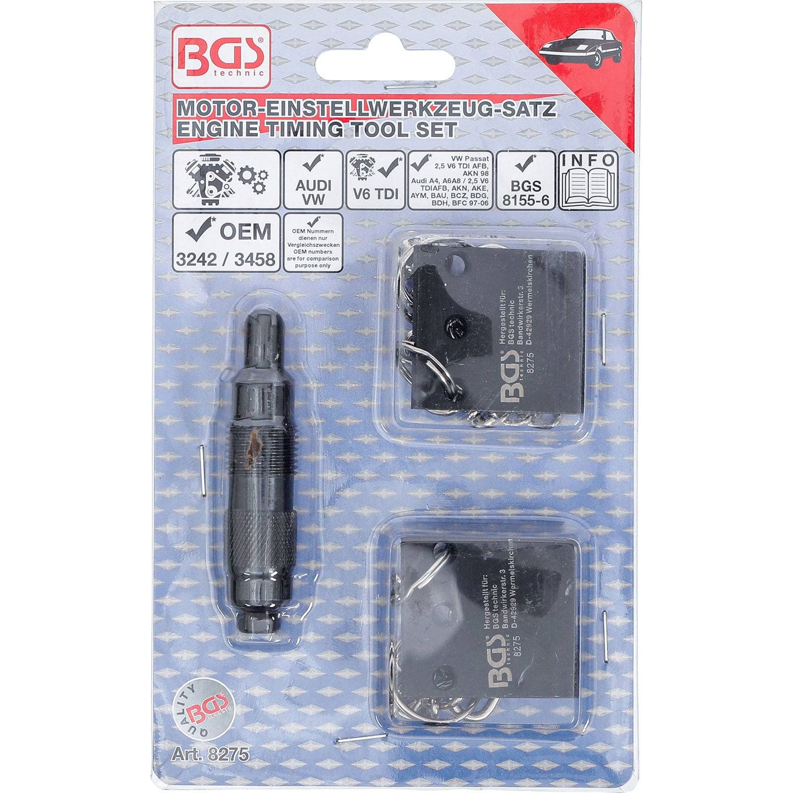 Motoreinstellwerkzeug-Set-Verpackung; enthält Werkzeuge für Audi/VW; Teilenummer 8155-6; beinhaltet Bedienungsanleitung und Originalhersteller-Kompatibilitätsinformationen.