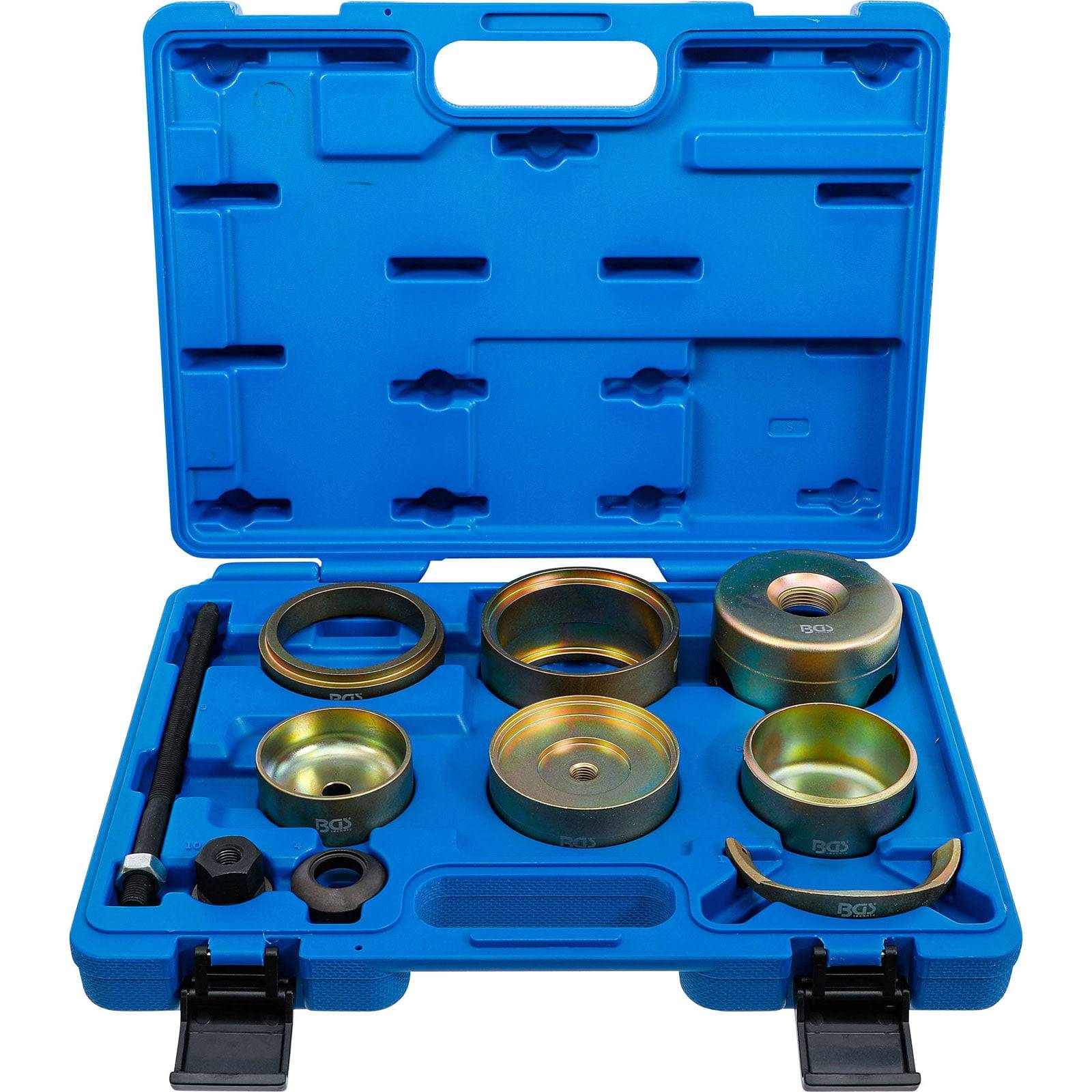 Eine blaue Werkzeugkiste, geöffnet, zeigt verschiedene kreisförmige Metallkomponenten und Werkzeuge, die ordentlich in Fächern angeordnet sind.