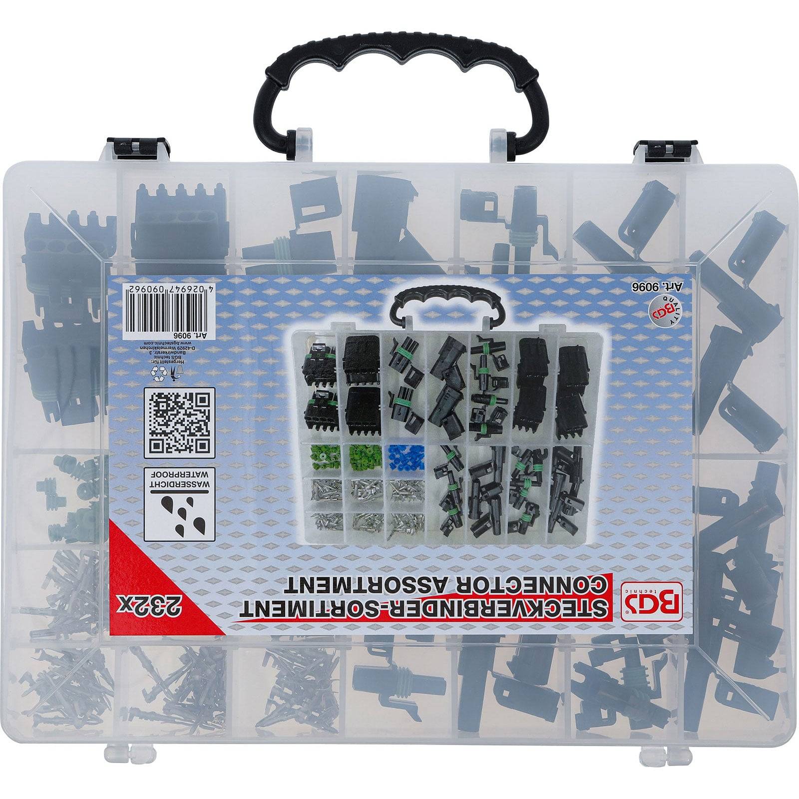 Eine transparente Kunststoffbox mit verschiedenen kleinen elektrischen Anschlüssen und Komponenten in separaten Fächern, beschriftet mit '3Stk. Stakevberg/G-Binder Verbindersammlung'.