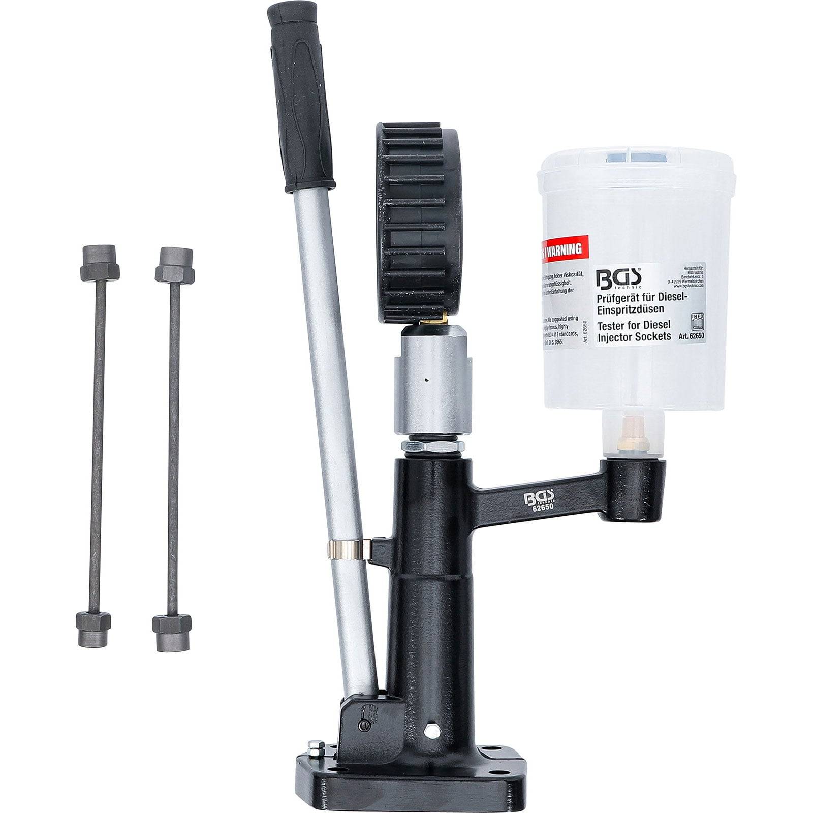 Dieseleinspritzsystem-Prüfgerät mit zwei Stangen und einem markierten Behälter. Verwendet zur Prüfung von Dieselmotorkomponenten.