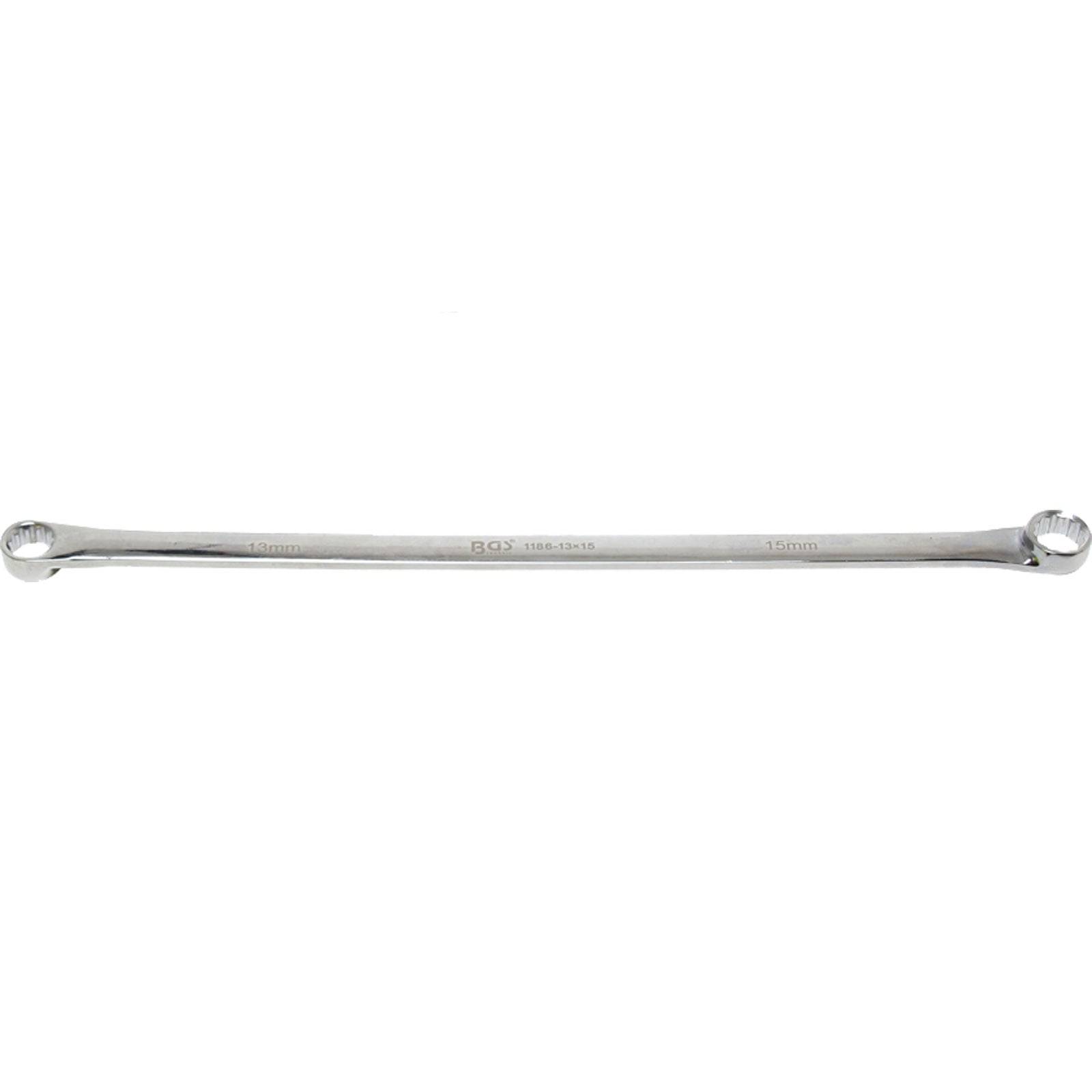 Ein verchromter doppelseitiger Schraubenschlüssel mit offenen kreisförmigen Enden, in der Mitte mit ‚BOS 18mm 19mm' beschriftet, zum Anziehen von Schrauben.