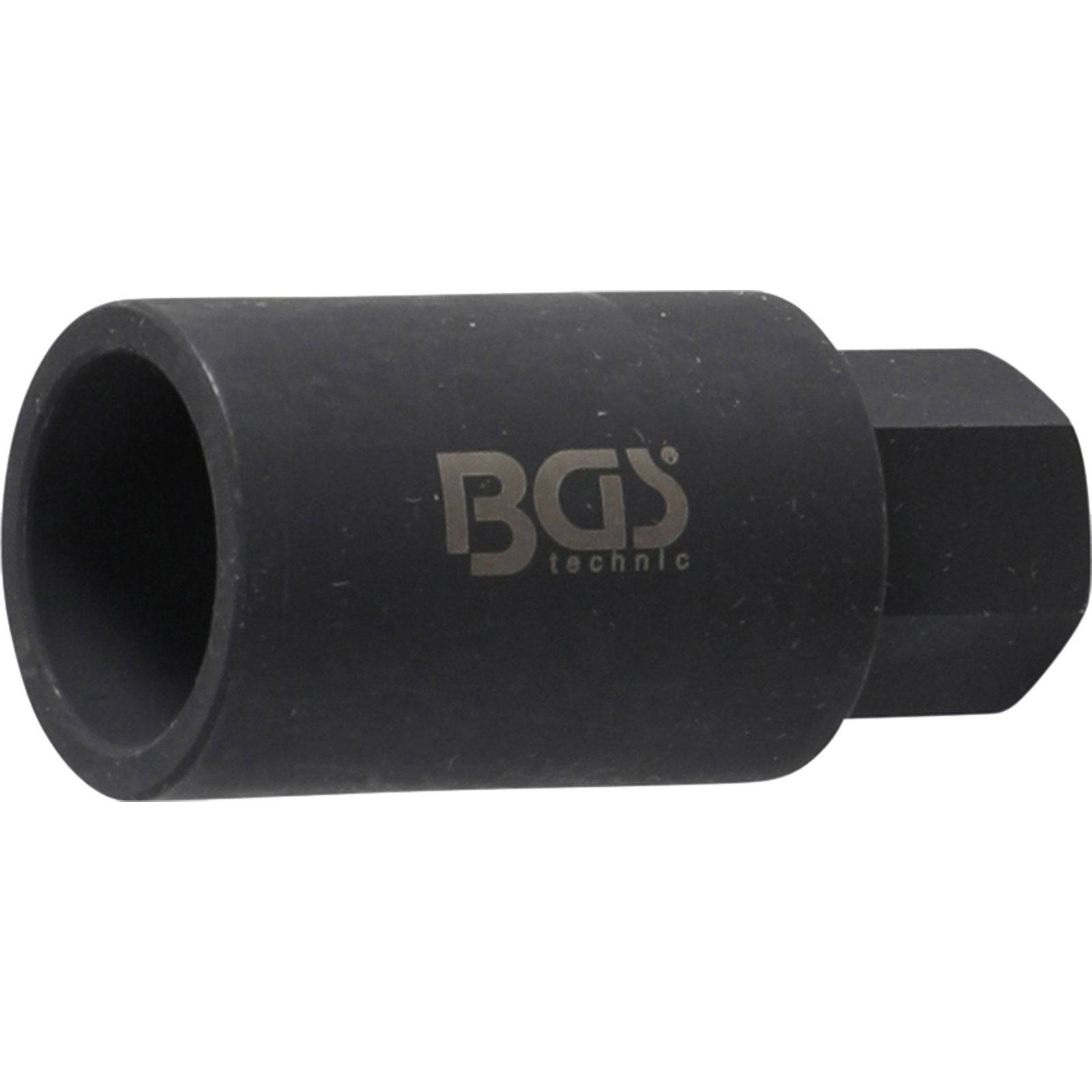 Ein schwarzer BGS-Technik-Steckschlüsseleinsatz für Anwendungen mit hoher Belastung, mit sechseckiger Öffnung zum Greifen von Muttern oder Schrauben.