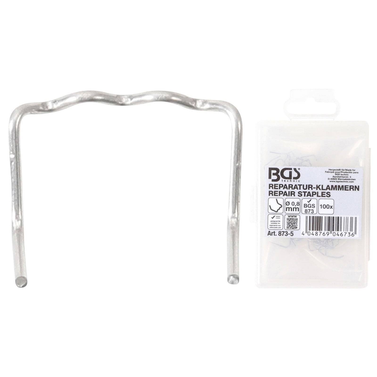 Ein Päckchen BGS-Reparaturklammern mit einer Klammer daneben. Die Beschriftung lautet „Reparatur-Klammern Repair Staples, 0,8 mm, 0,6 mm, 100x