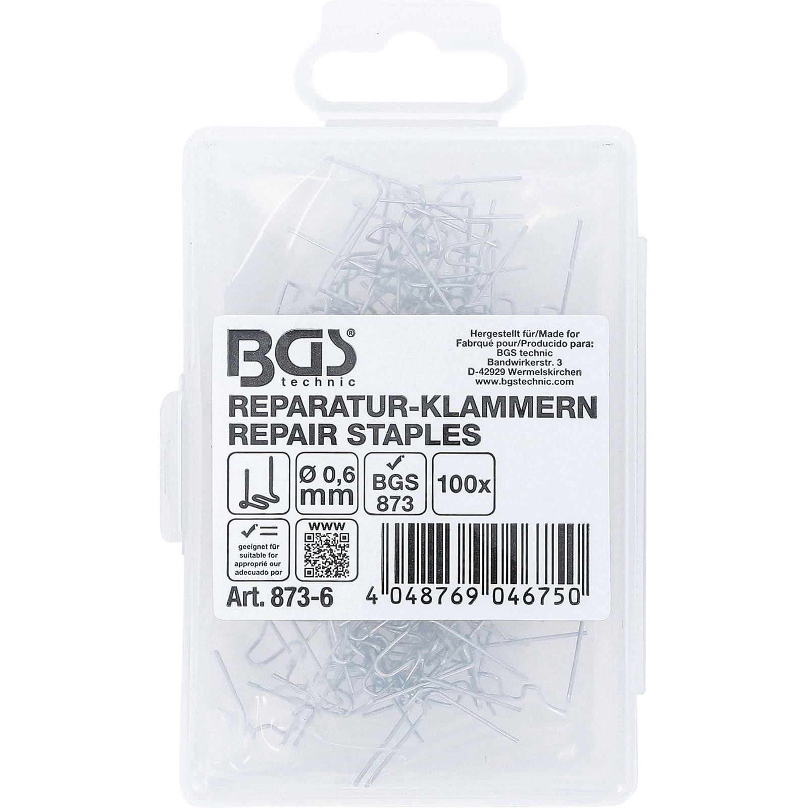 Reparaturheftklammern in Box mit Etikett, Größe 0,6 mm, Menge 100. Hergestellt von BGS technic. Artikelnummer Art. 873-6. Transparenter Kunststoffbehälter.