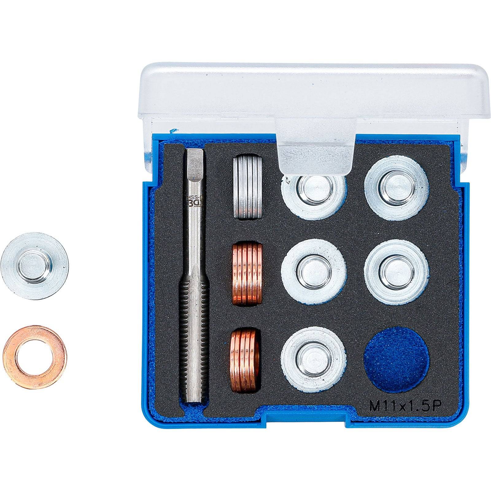 Ein Schraubenausdreher-Set enthält einen Gewindebohrer und verschiedene Größen von Bohrführungen in einem blauen Koffer.