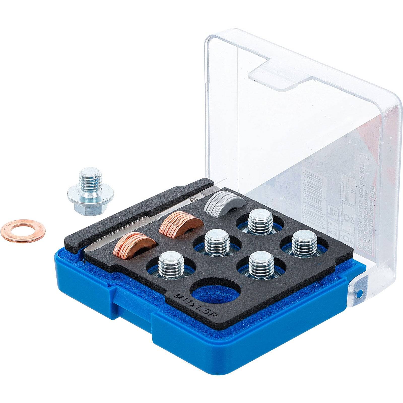 Eine blaue Plastikbox mit Fächern enthält einen Satz von Unterlegscheiben und Muttern. Ein transparenter Deckel ist geöffnet und gibt die ordentlich sortierten Metallkomponenten frei.