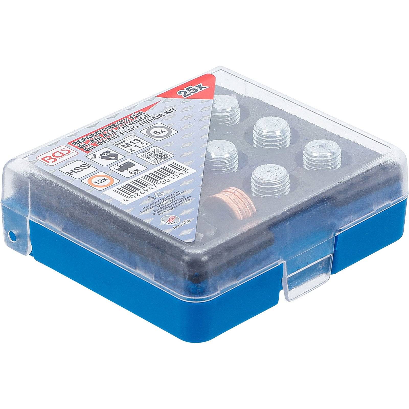 Blauer und transparenter Plastikkoffer mit sechs Metallzündkerzen und zwei Kupferdichtungen, beschriftet mit den Spezifikationen ‚PGI' und ‚M13'.