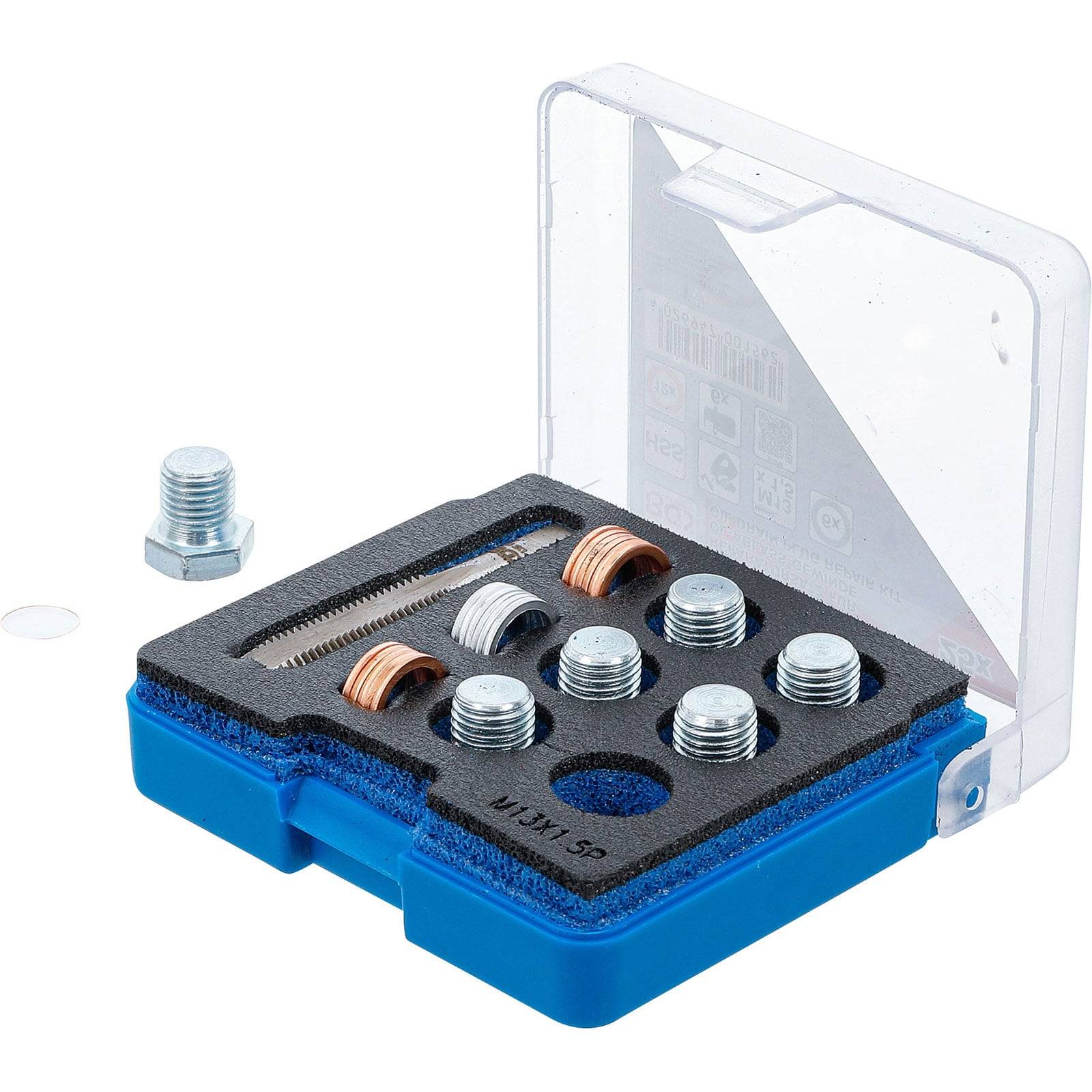 Ein Satz von sechs Schrauben mit zusätzlichen Unterlegscheiben in einem mit Schaumstoff ausgekleideten blauen und transparenten Kunststoffbehälter, der eine organisierte Aufbewahrung zeigt.