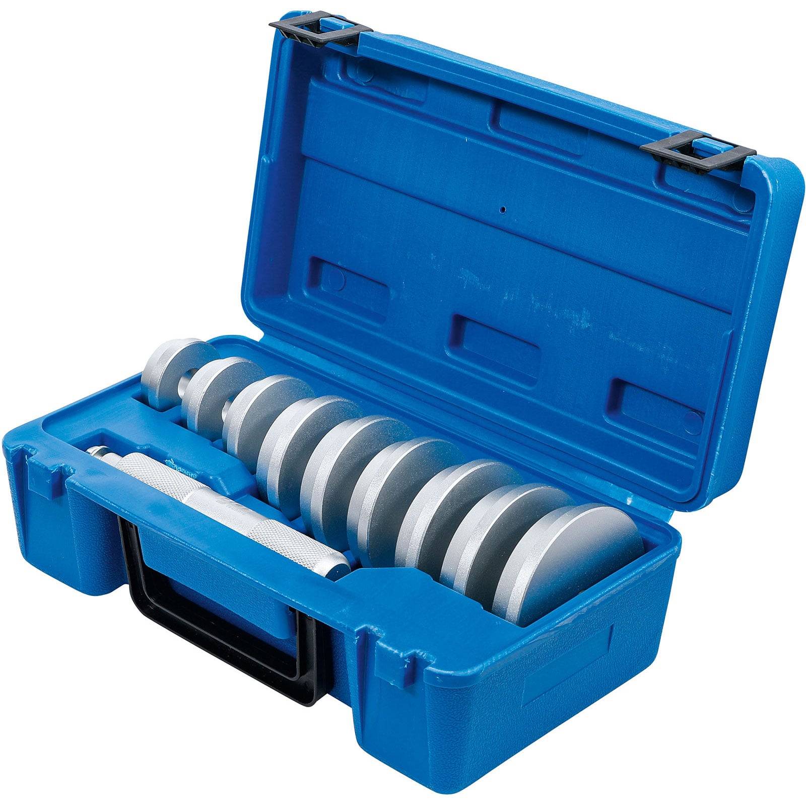 Eine blaue Kiste mit einer Reihe von runden, grauen Gewichten im Inneren. Der offene Deckel gibt einen Griff und übersichtlich angeordnete Fächer frei.