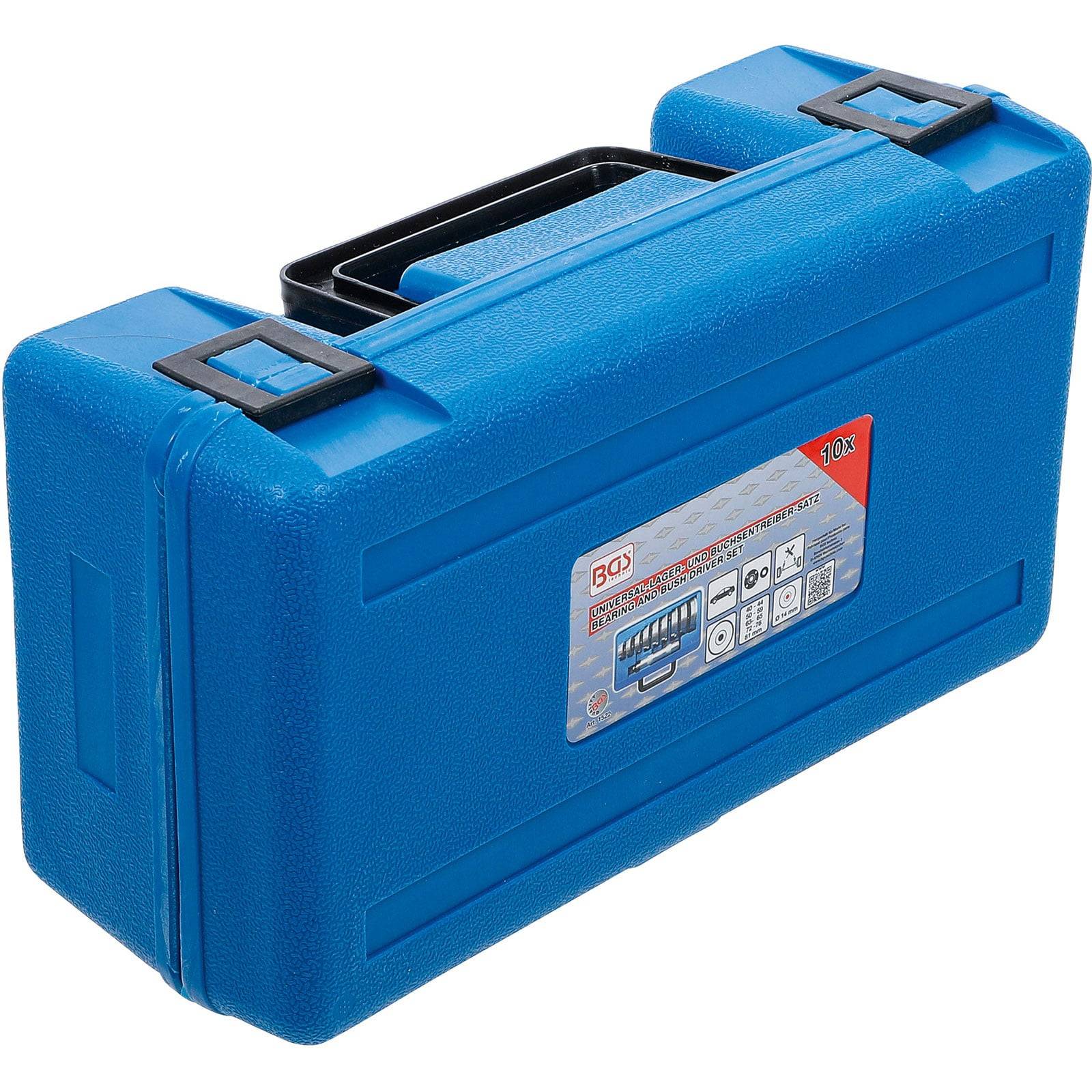 Eine blaue Kunststoff-Werkzeugbox mit einer Beschriftung an der Seite, ausgestattet mit schwarzen Verschlüssen und einem Griff oben, entwickelt zum Aufbewahren und Organisieren von Werkzeugen.