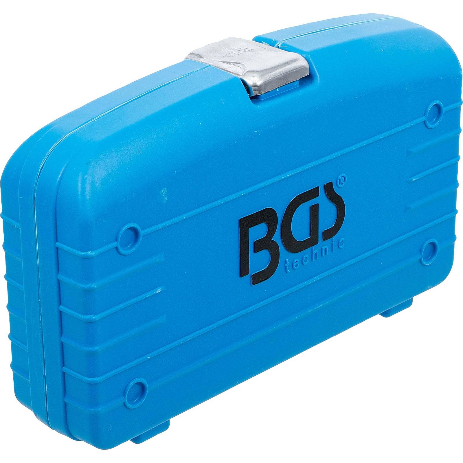 Blauer Kunststoff-Werkzeugkasten mit einem Metallverschluss und dem 'BGS technic' Logo an der Seite.