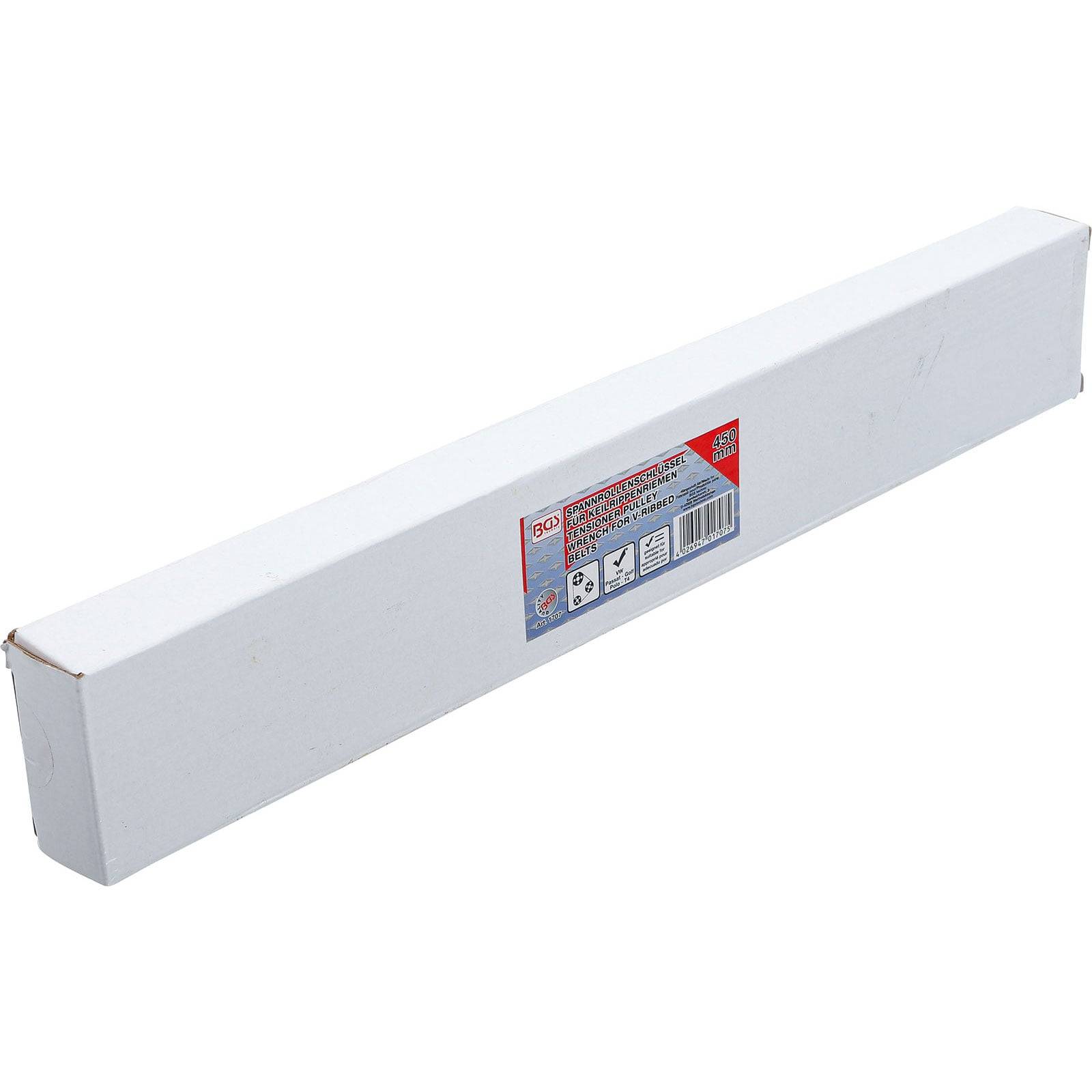 Eine lange, weiße Pappschachtel mit einem roten und blauen Etikett, das Produktinformationen und Symbole zeigt und auf den Inhalt im Inneren hinweist.