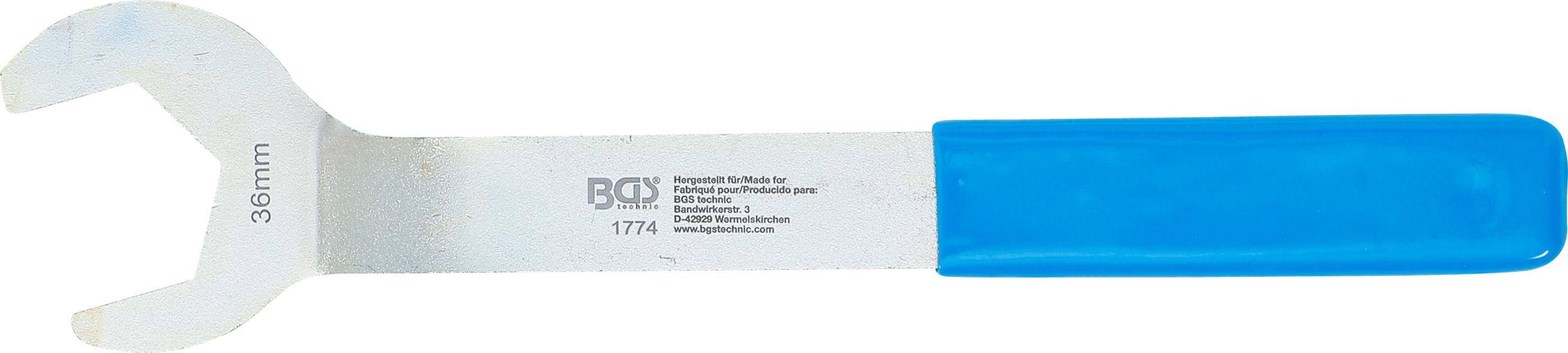 Ein blau-griff-werkzeug mit einer Metallklinge, auf dem der Text steht: 'Hergestellt für BGS technic, Wermelskirchen'.