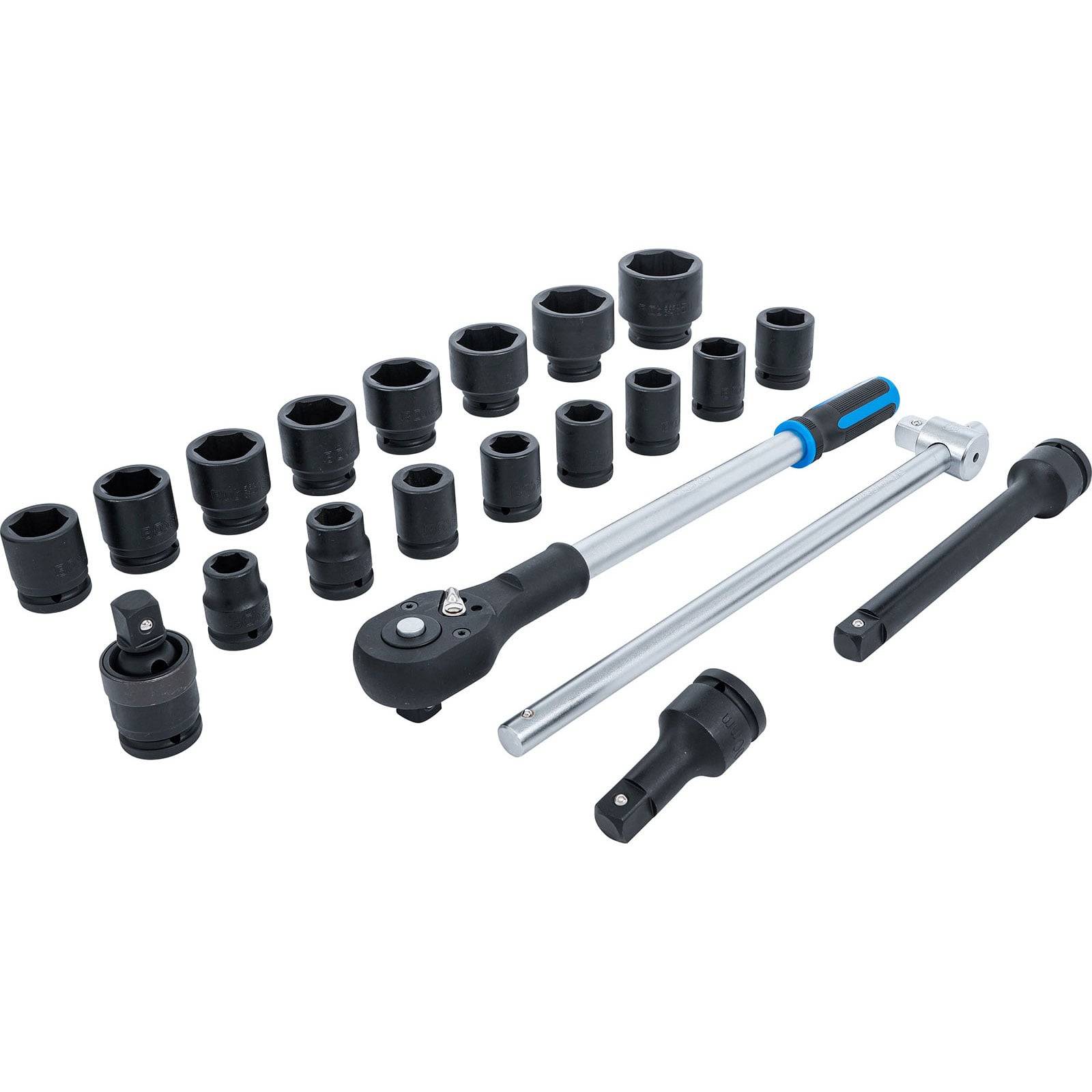 Ein Mechaniker-Werkzeugset, bestehend aus einer Ratsche, einer Abreißstange, einer Verlängerung und einer Vielzahl von Steckschlüsseln, die in zwei Reihen angeordnet sind.