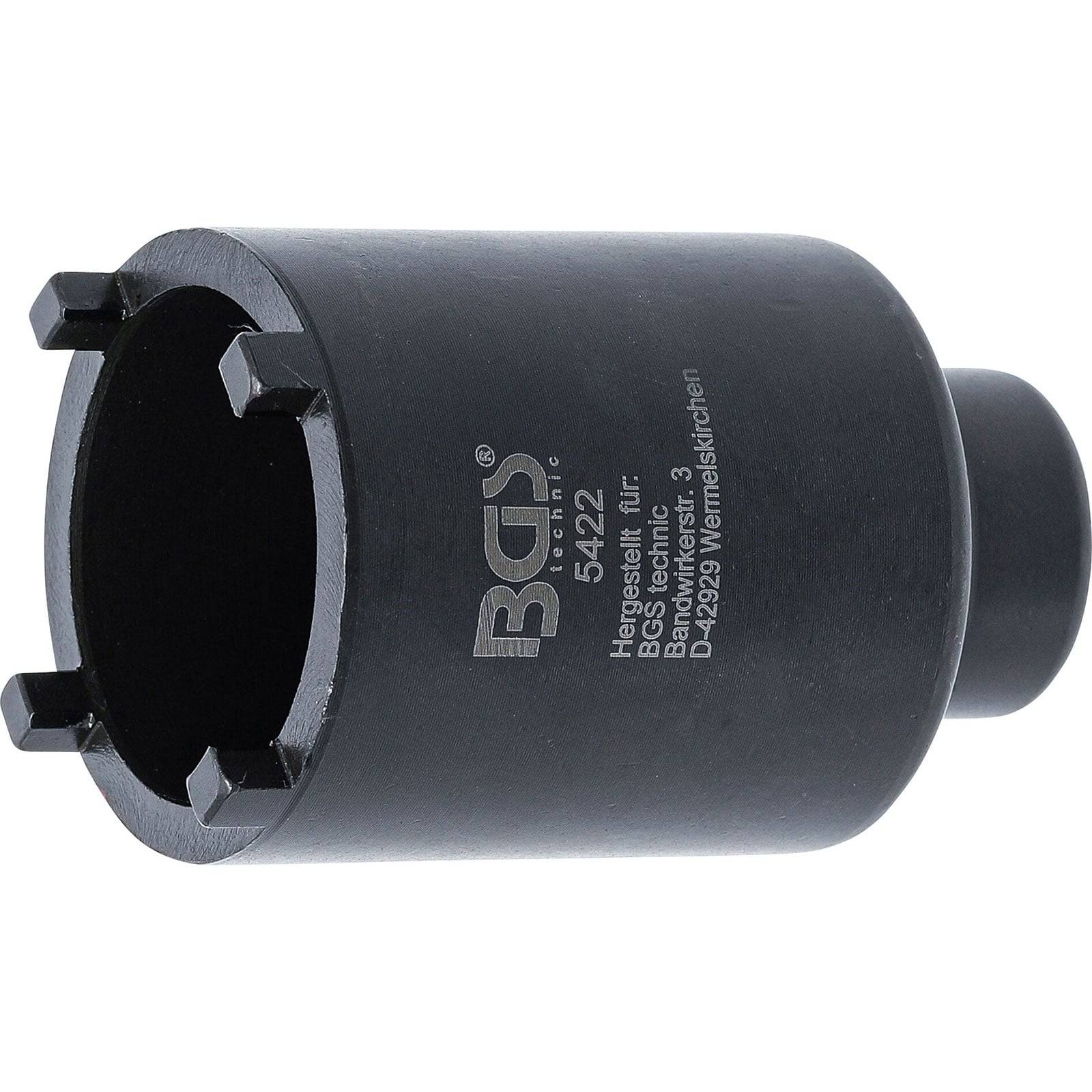 Schwarzer zylindrischer Werkzeug mit Kerben, beschriftet mit ‚BGS 5422'. Entwickelt für spezifische mechanische Anwendungen. Seitenansicht dargestellt.