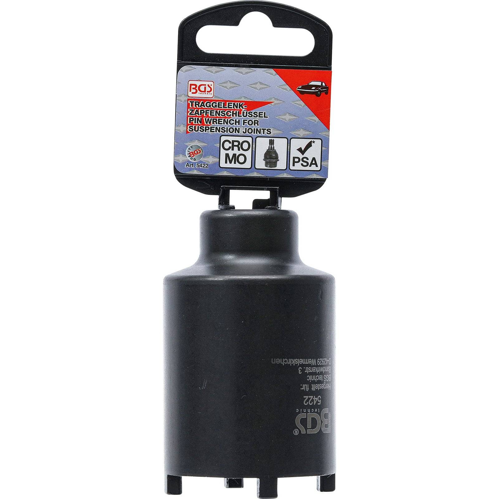 Ein schwarzer Federbein-Schlüssel mit einem beschrifteten Griff, auf dem 'PSA', 'CROMO' und Produktbranding zu sehen sind. Für den Einsatz im Automobilbereich entwickelt.