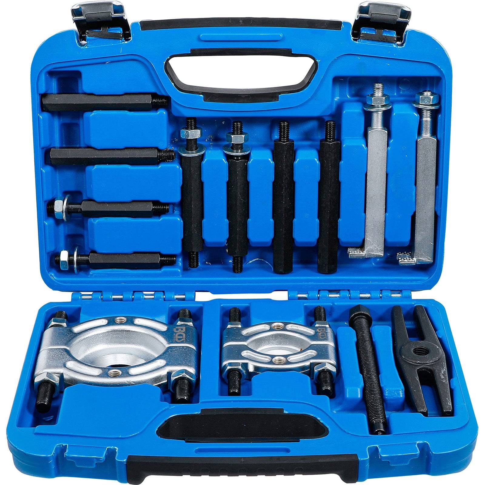 Eine blaue Werkzeugkiste mit verschiedenen schwarzen und silbernen Ziehwerkzeugen und Werkzeugen, die innen ordentlich angeordnet sind.