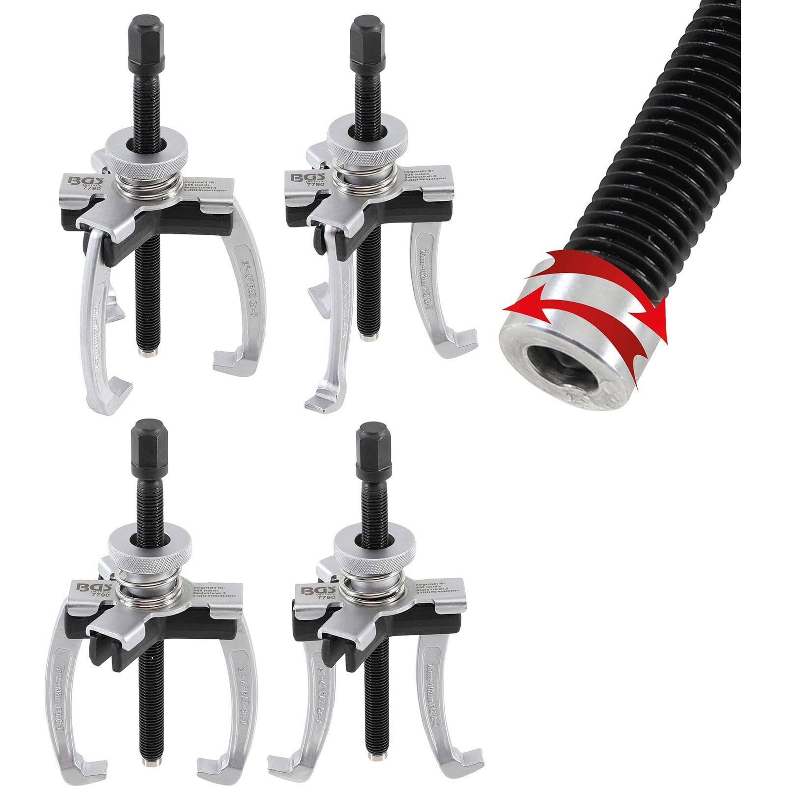 Vier Zahnradabzieher mit verstellbaren Backen und Gewindeschrauben zum Entfernen von Zahnrädern oder Lagern. Eine Nahaufnahme einer Gewindekomponente.