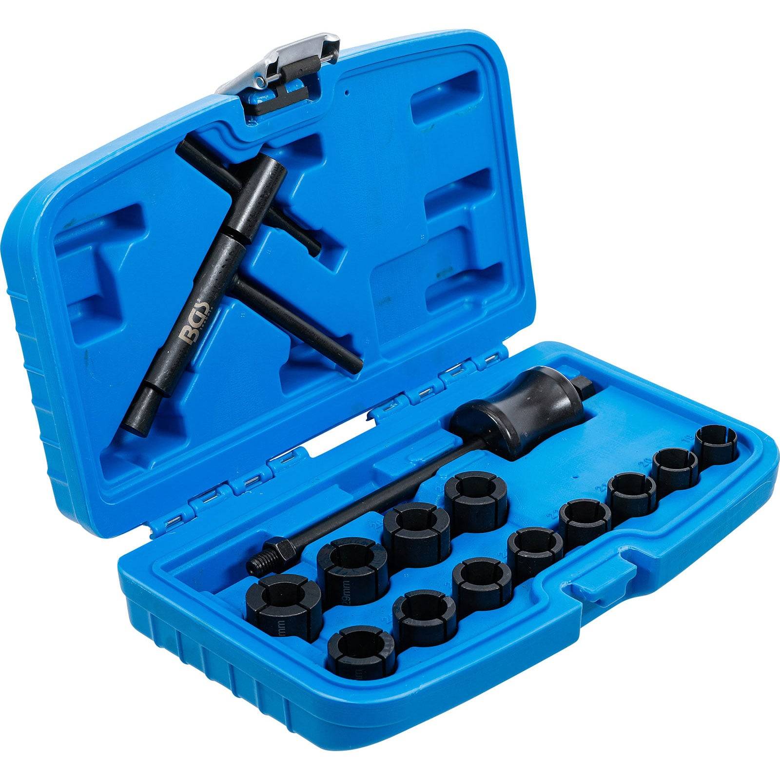 Blaue Werkzeugbox enthält einen Reifentiefenmesser, Steckschlüssel und 13 Steckschlüsseleinsätze in verschiedenen Größen. Verwendet für Reifenwartung und -reparaturen.