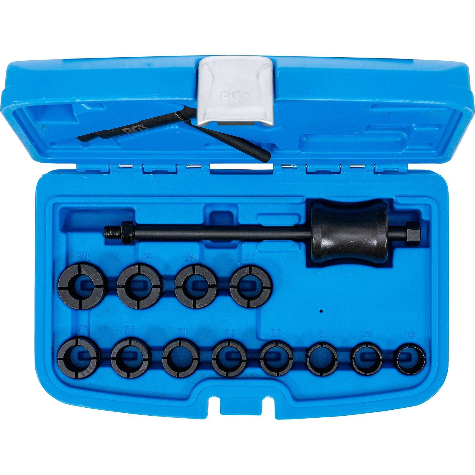 Ein blauer Werkzeugkoffer, der einen Lagerabzieher-Satz enthält, bestehend aus einem Gleithammer, mehreren Adaptern und Ringen, die im Inneren ordentlich und übersichtlich angeordnet sind.