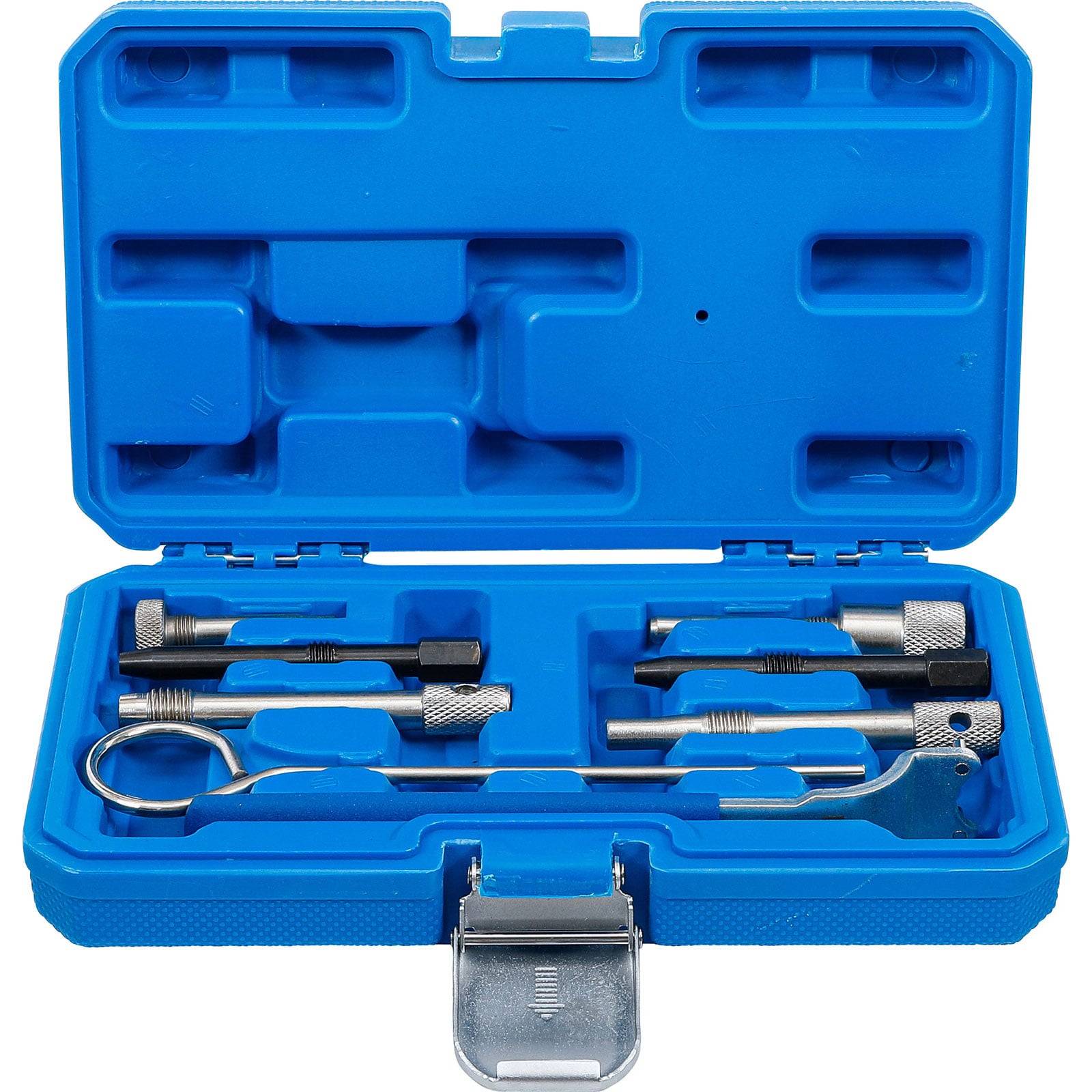 Eine blaue Plastikbox, die einen Satz spezialisierter Haken- und Ausrichtungswerkzeuge enthält, die häufig für mechanische oder automotive Zwecke verwendet werden.