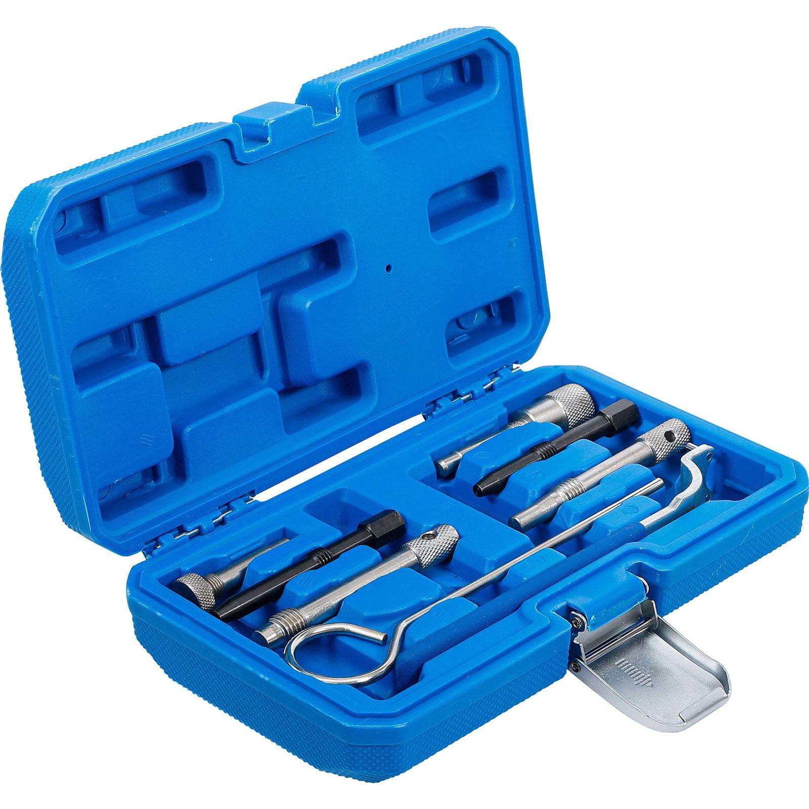 Eine blaue Werkzeugkiste ist geöffnet und zeigt mehrere silberne Haken- und Pickwerkzeuge, die in speziellen Fächern angeordnet sind. Die Kiste hat Scharniere und einen Verschluss.