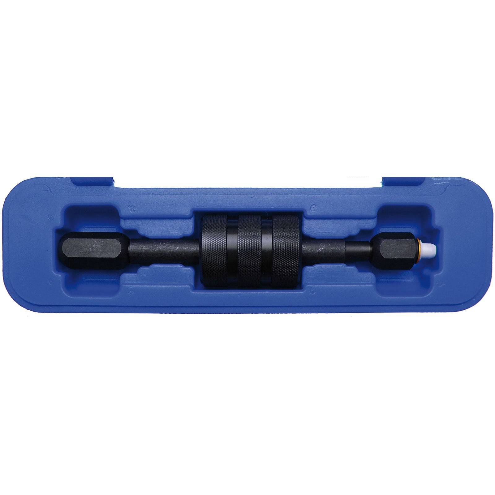 Ein Lagerabzieher-Werkzeugsatz in einem blauen Kunststoffkoffer, ausgestattet mit einer zentralen zylindrischen Komponente mit zwei sechskantigen Enden.