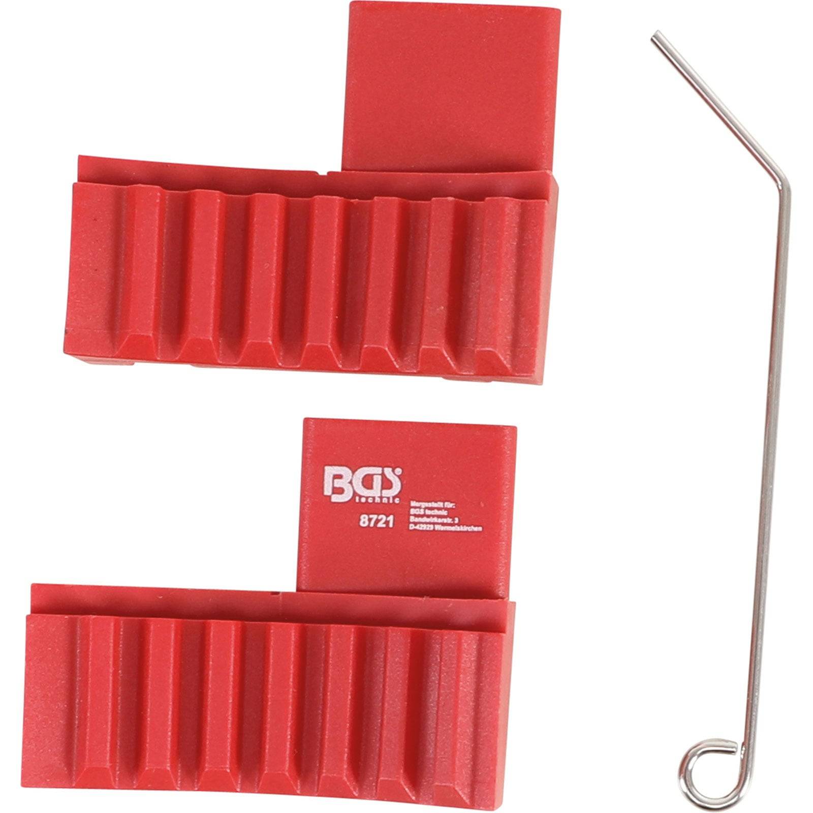 Rotes magnetisches Werkzeug mit gerippter Oberfläche, daneben ein Metallhaken. Wird zum sicheren Halten und Organisieren von Werkzeugen auf metallischen Oberflächen verwendet.