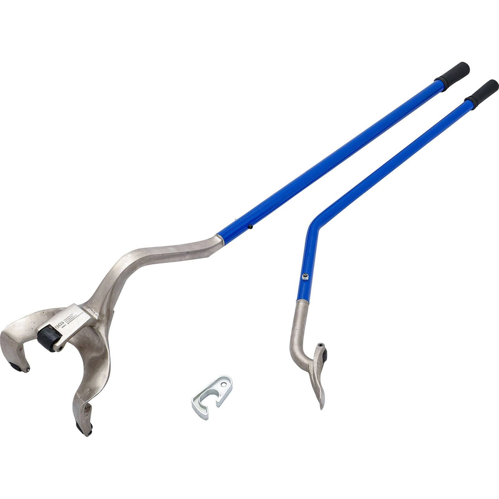 Silberne und blaue Müll-Greifwerkzeuge, jeweils mit einer Metallzange und Gummigriffen, zum Aufsammeln von Abfall.