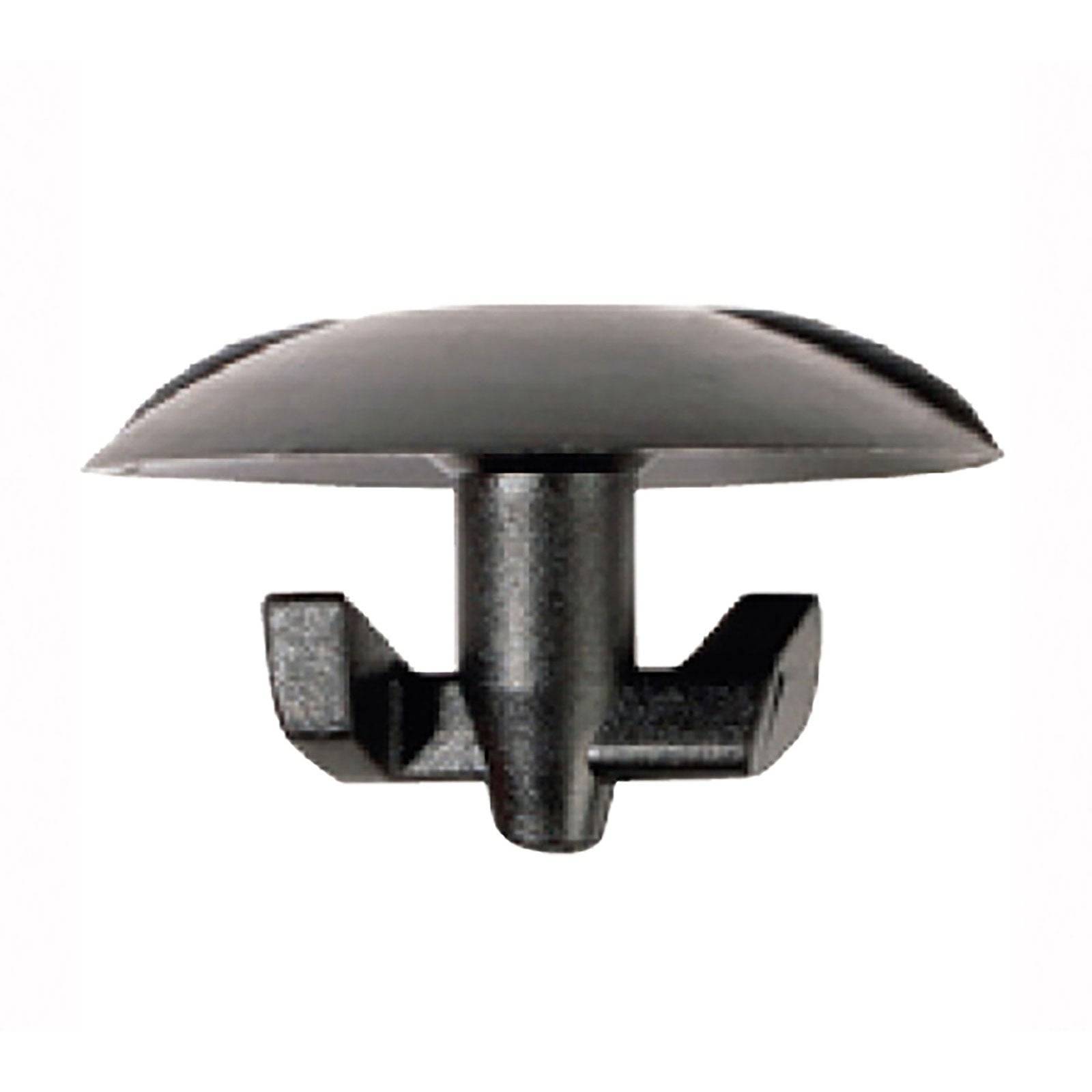 Ein schwarzer Kunststoff-Druckniete mit drei Zinken, verwendet zum Befestigen von Komponenten in automobilen und mechanischen Anwendungen.