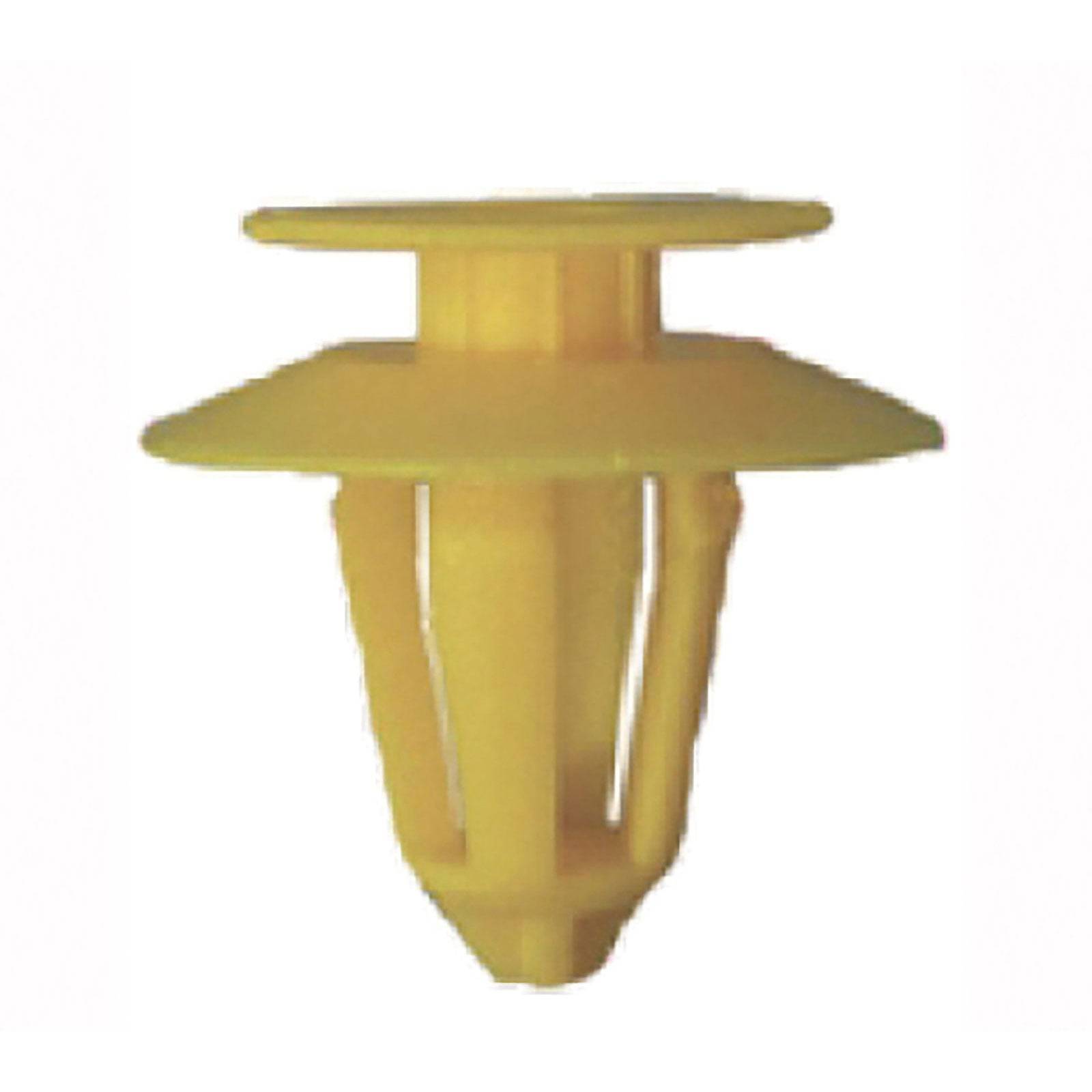 Ein gelber Autotürclip mit zwei flachen kreisförmigen Scheiben, der zur Befestigung von Fahrzeugverkleidungen verwendet wird.