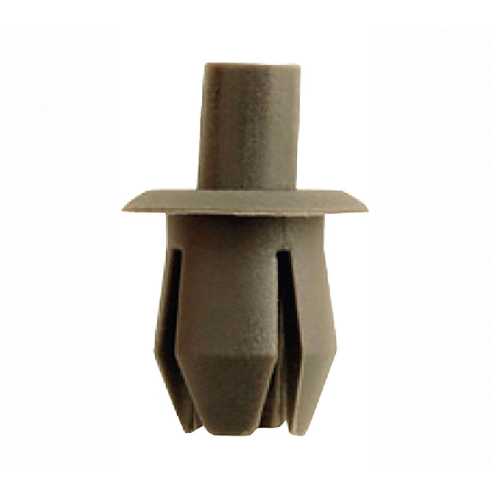 Ein brauner Kunststoff-Spreizniete mit flachem Kopf und vier geteilten Zinken darunter. Wird zum Befestigen von Paneelen oder Teilen verwendet.