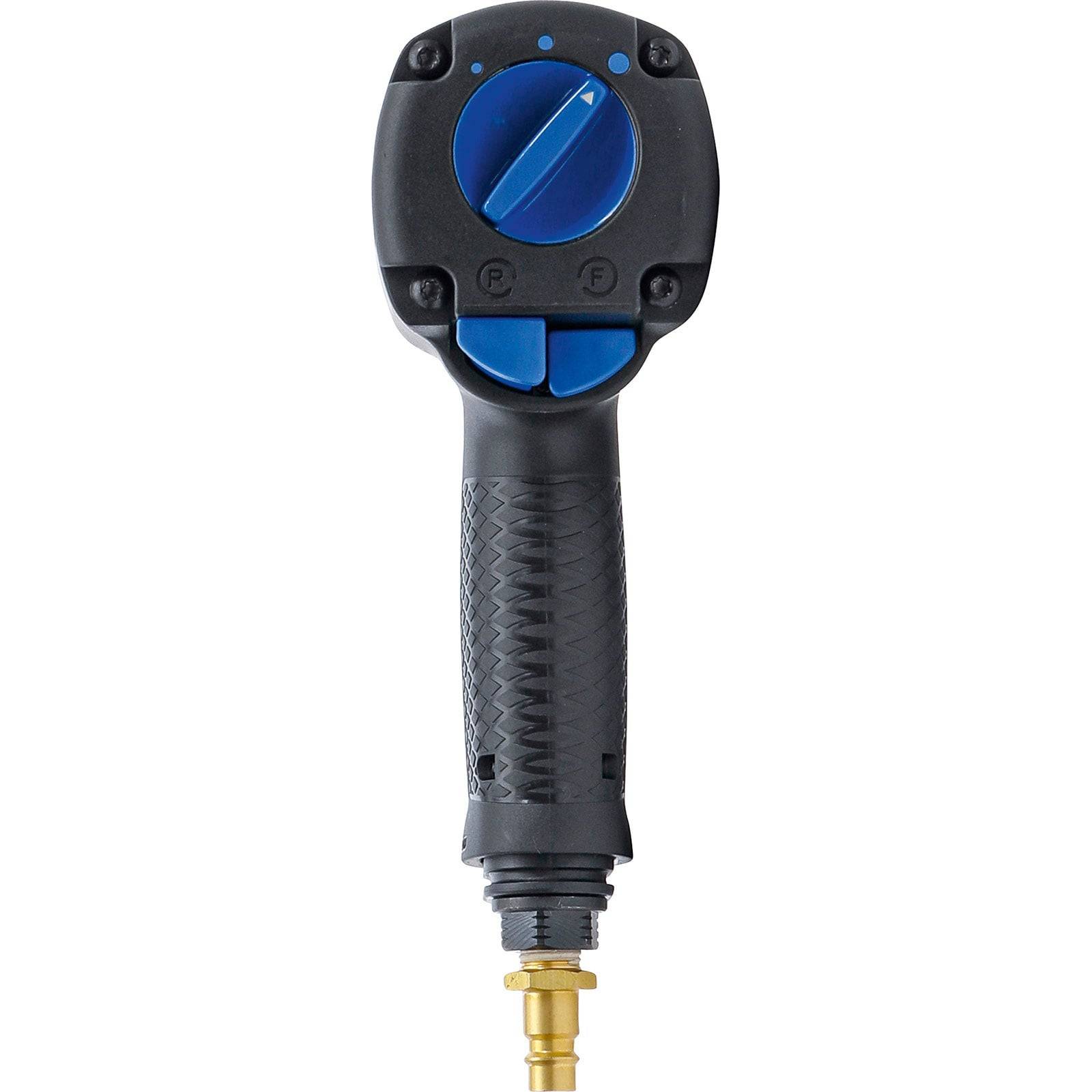 Ein schwarz-blaues tragbares Werkzeug mit strukturiertem Griff und einer Schaltfläche oben, wahrscheinlich eine Art Sprüher oder Düse, vor einem weißen Hintergrund dargestellt.