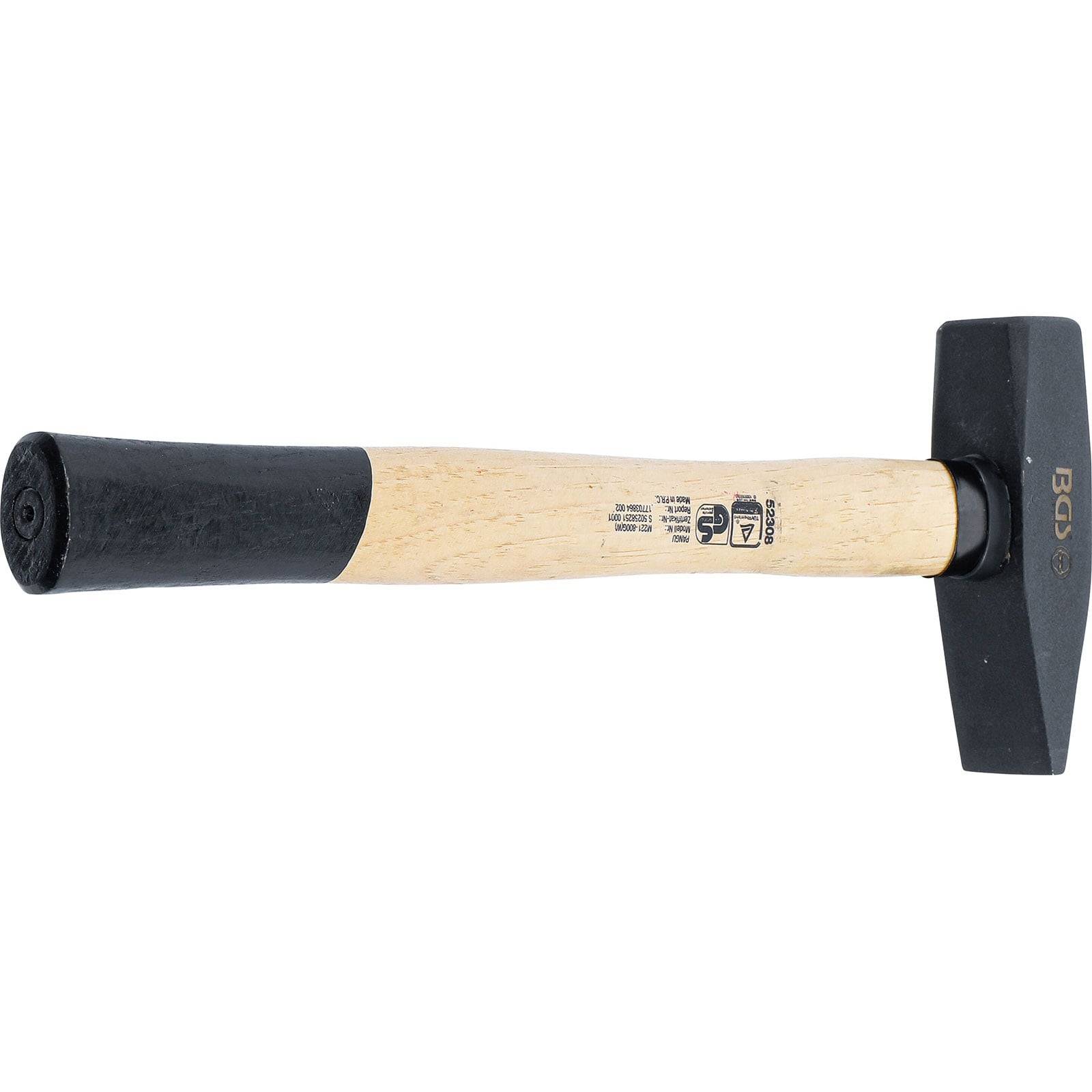 Ein Hammer mit einem Holzgriff und einem schwarzen Metallkopf, horizontal ausgerichtet.