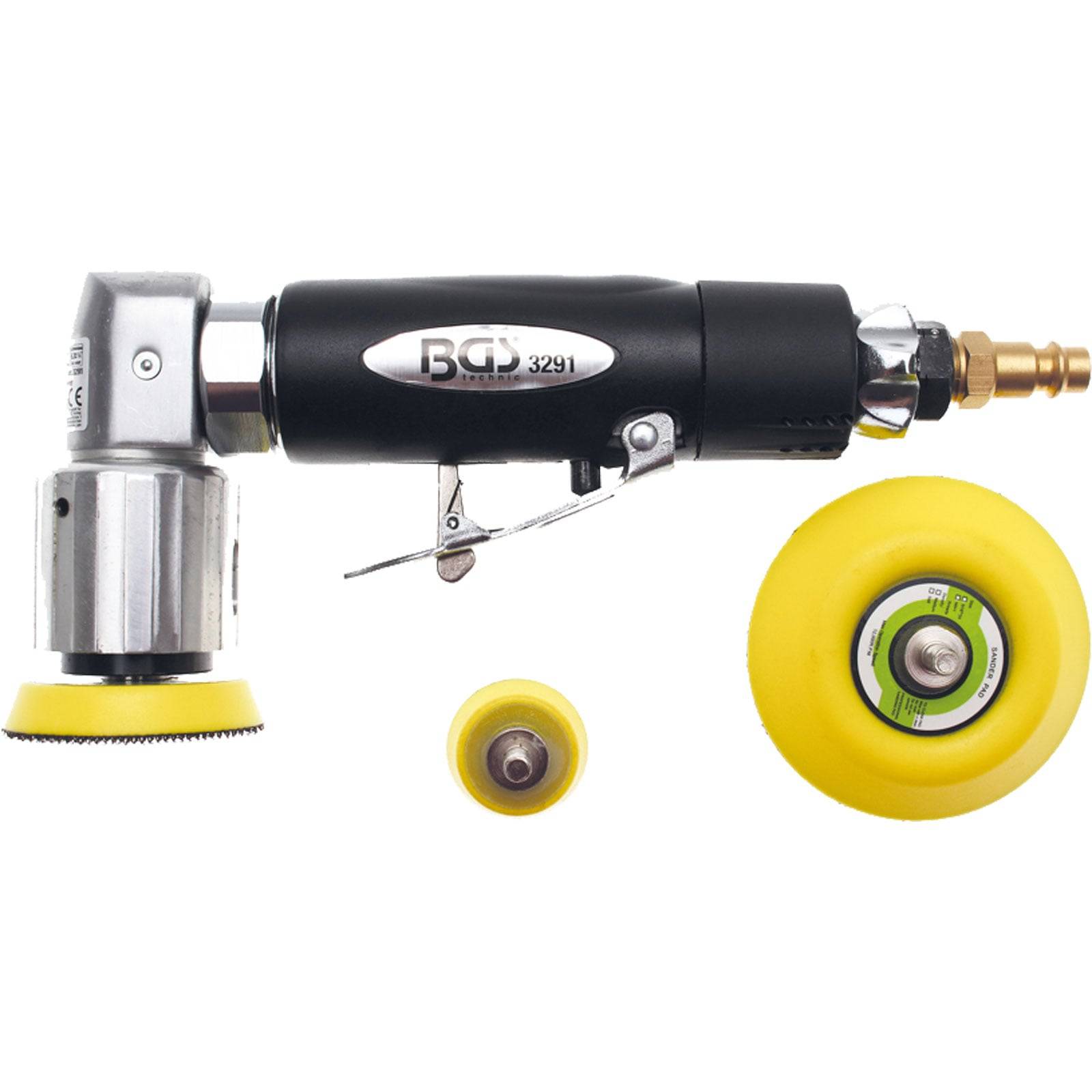 Ein blauer BGP 3291 Druckluftschwingschleifer mit schwarzem Griff und gelber Schleifscheibe wird zusammen mit einem zusätzlichen gelben Schleifpad gezeigt.