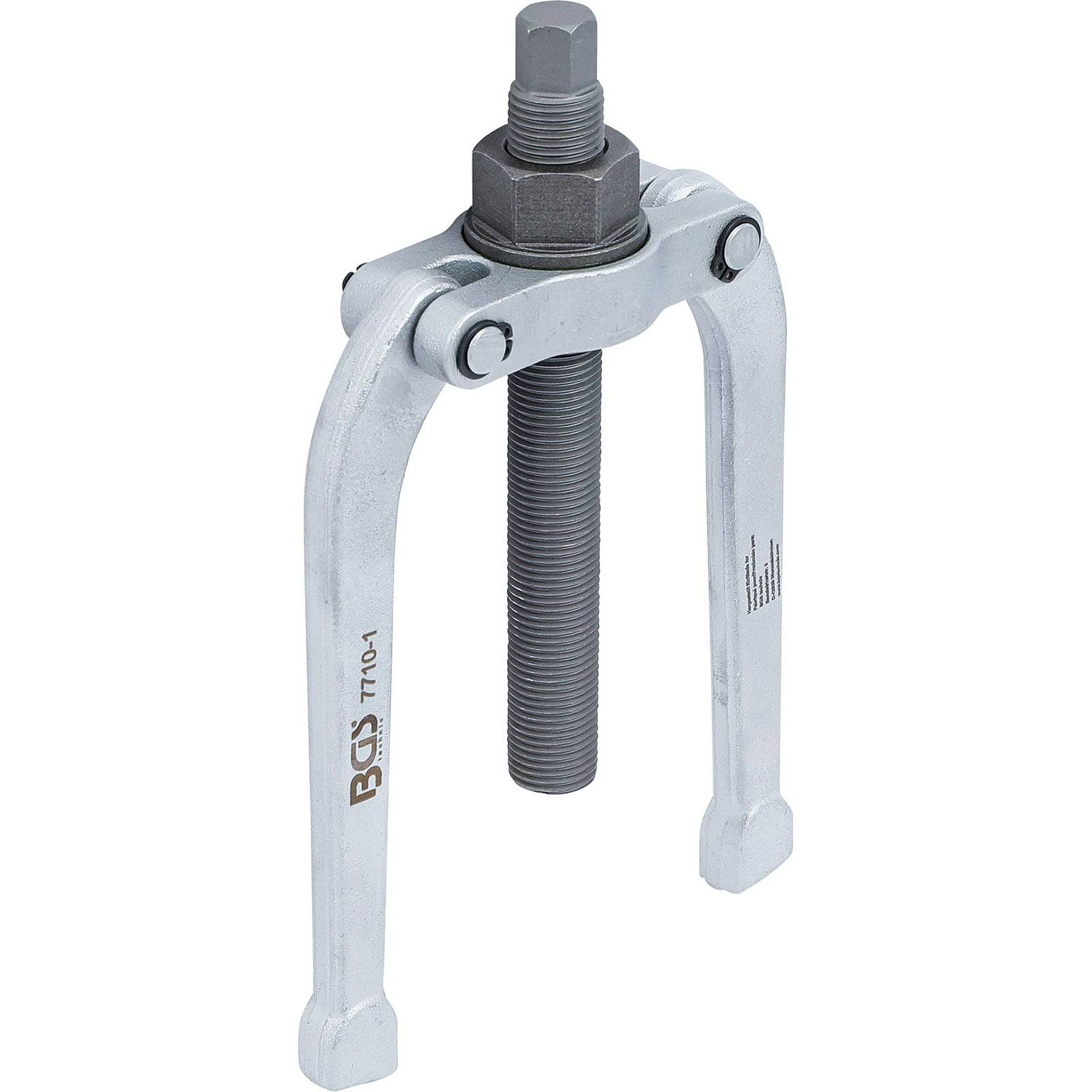 Ein zweiarmiger Zahnradabzieher mit verstellbaren Armen und einer zentralen Schraube, der zum Entfernen von Zahnrädern oder Riemenscheiben von einer Welle verwendet wird.