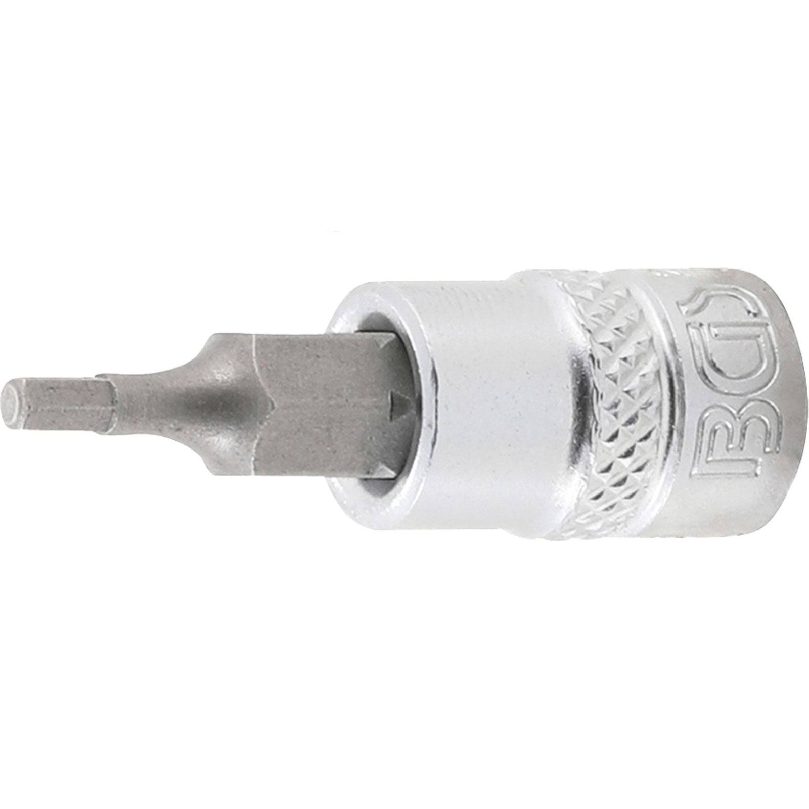 Ein Sechskant-Einsatz-Schraubendreher aus Silber für präzises Befestigen, mit einer sechseckigen Spitze und gravierten Details am Werkzeugkörper.