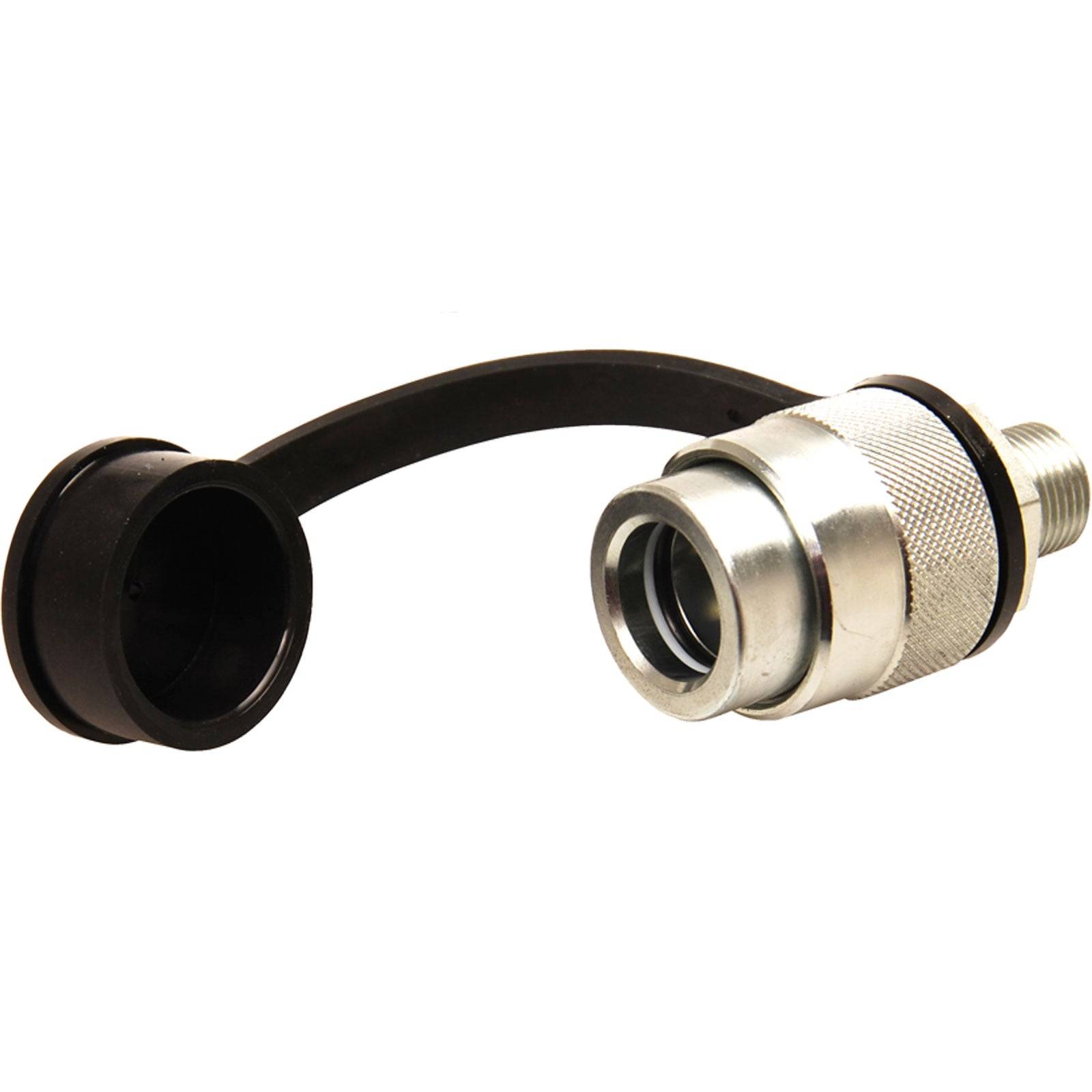 Metall-Luftschlaucharmatur mit einer schwarzen Schutzkappe, die durch einen flexiblen Halteriemen befestigt ist.