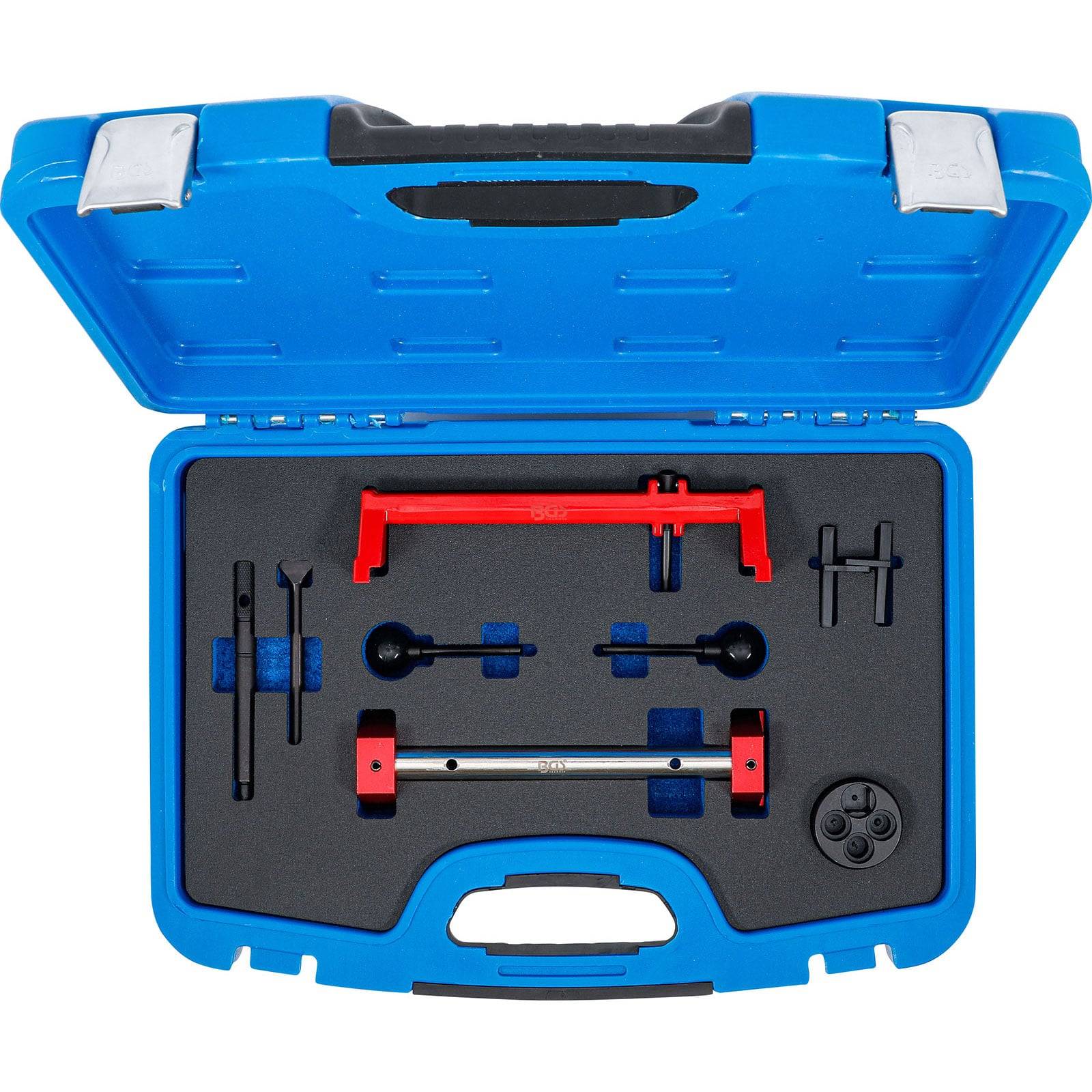 Ein blauer Kunststoffkoffer mit einem spezialisierten Werkzeugsatz mit verschiedenen verstellbaren Metall- und Kunststoffkomponenten, die in Schaumstoffaussparungen organisiert sind.