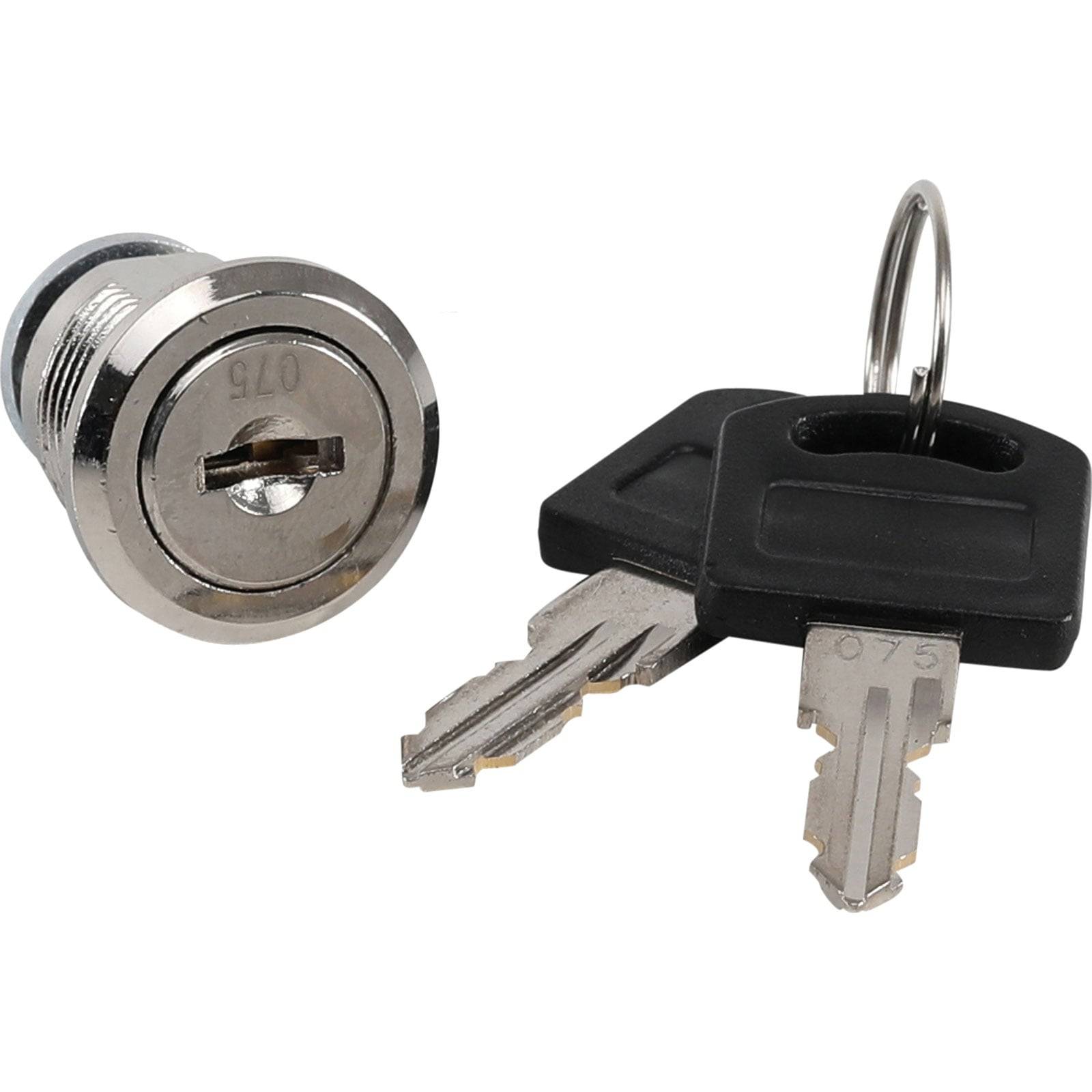 Ein silberner Schließzylinder und zwei Metallschlüssel mit schwarzen Kunststoffköpfen liegen nebeneinander auf weißem Hintergrund.