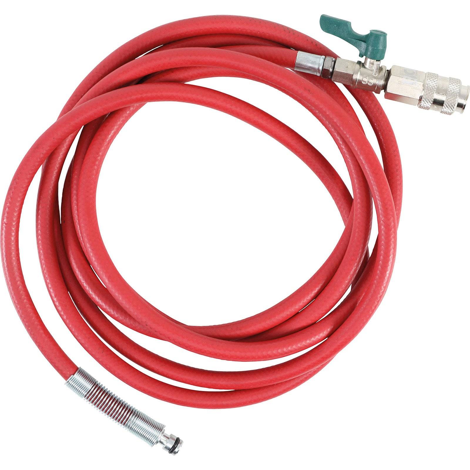 Ein roter Luftschlauch mit Metallverbindern, sauber aufgerollt. Ein grüner Ventilhebel ragt von einem Ende hervor und deutet auf einen Durchflusskontrollmechanismus hin.