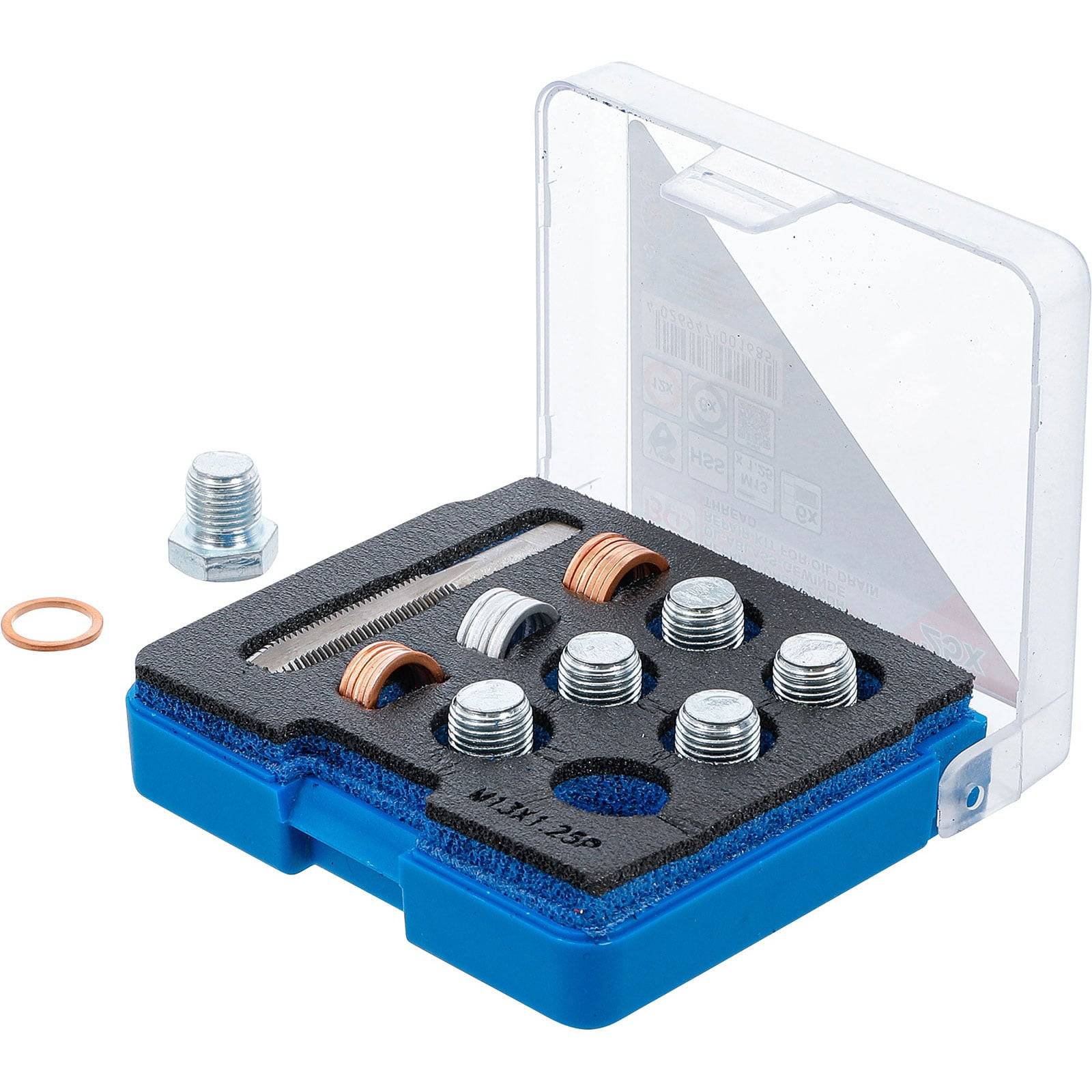 Eine blaue Plastikbox, die einen Satz Metallstecker und Unterlegscheiben enthält, wobei ein Stecker und eine Unterlegscheibe außerhalb der Box ausgelegt sind.