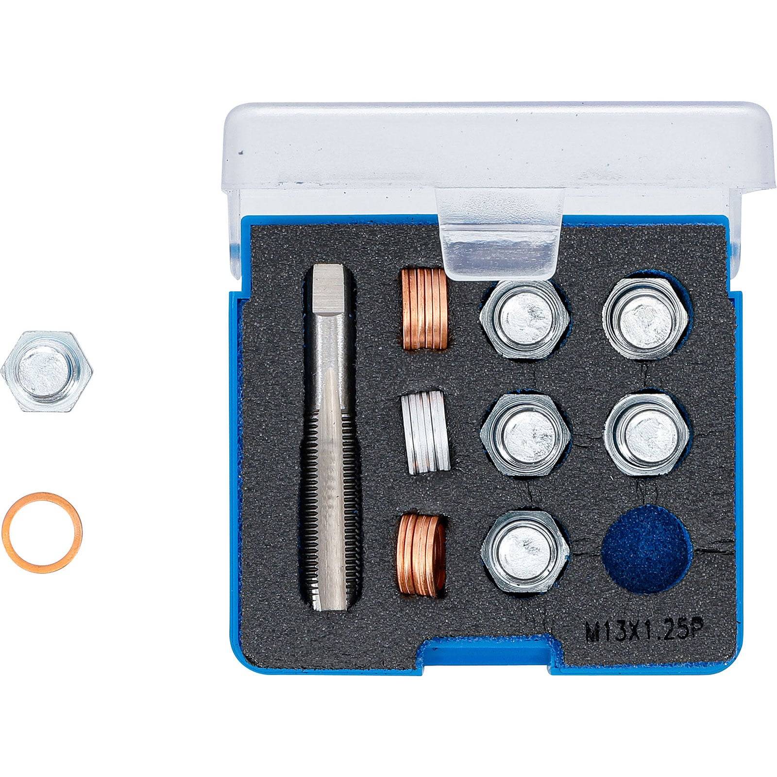 Gewindebohrer- und Matrizen-Set in einer blauen Box mit verschiedenen Größen von Muttern, Unterlegscheiben und einem Gewindeschneider zum Gewindeformen und Reparieren von Schrauben, beschriftet mit M13X1.25P.