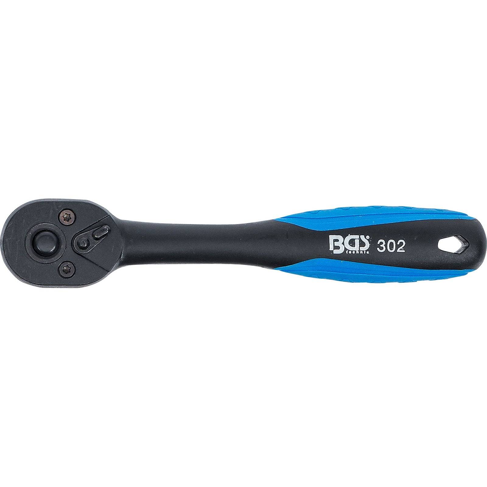 Ein schwarzer und blauer Ratschenschlüssel mit der Beschriftung 'BGS 302' am Griff, entwickelt zum Anziehen und Lösen von Muttern und Schrauben.