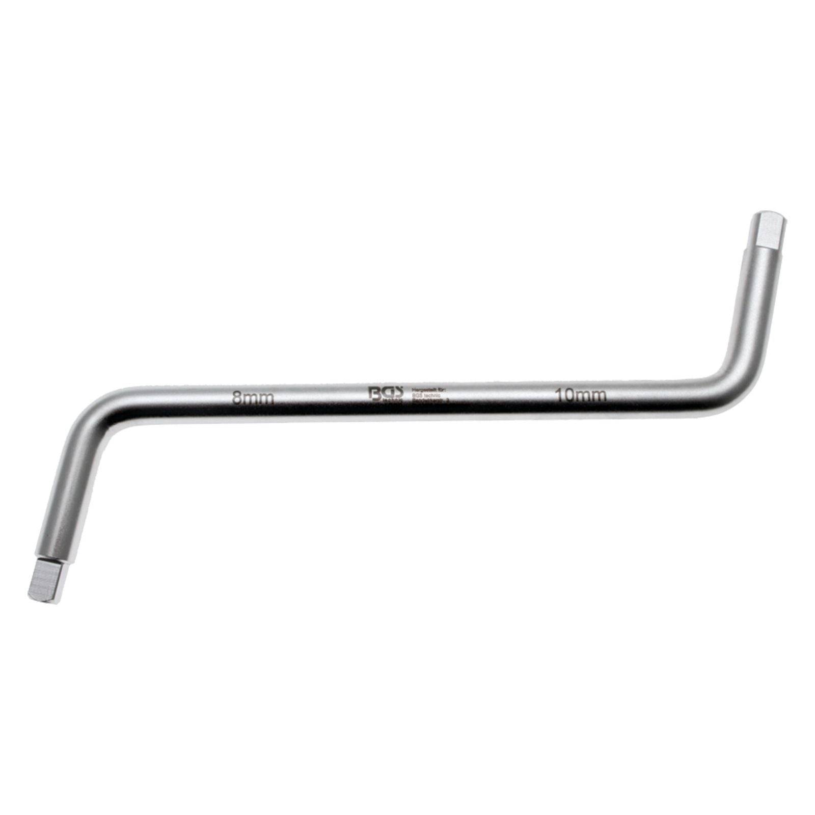 Ein Maulschlüssel aus Chrom-Vanadium-Stahl mit 10 mm und gekröpfter Form und sechskantigen Enden, der zum Anziehen oder Lösen von Befestigungselementen verwendet wird.